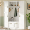 Elegant Farmhouse Hall Tree With 4 Side Cabinets Adjustable Shelves And Coat Rack