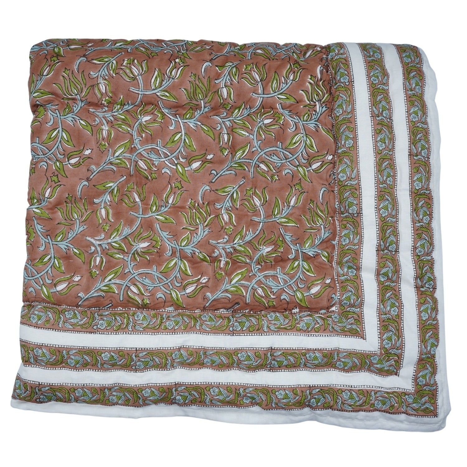 Elegant Hand Block Print Cotton Quilt Kamal Dutta Brown Green Luxury Artisan Bedding Reversible Decorative Bedspread For D Cor