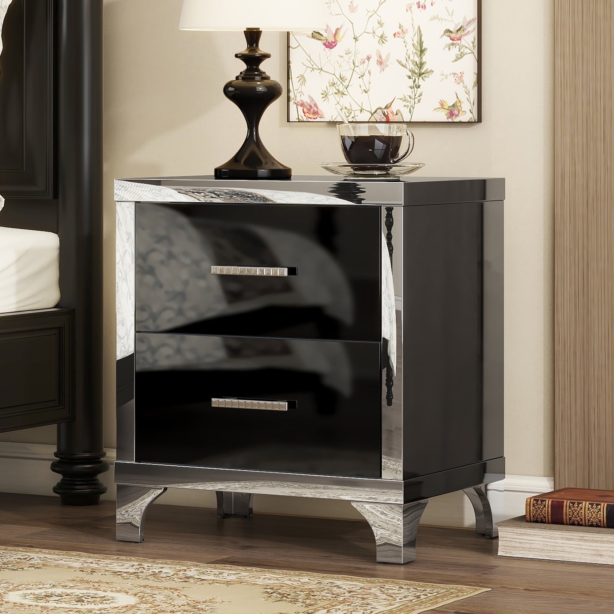 Elegant High Gloss Mirrored 2 Drawer Nightstand Metal Handle Bedside Table For Bedroom Living Room Black