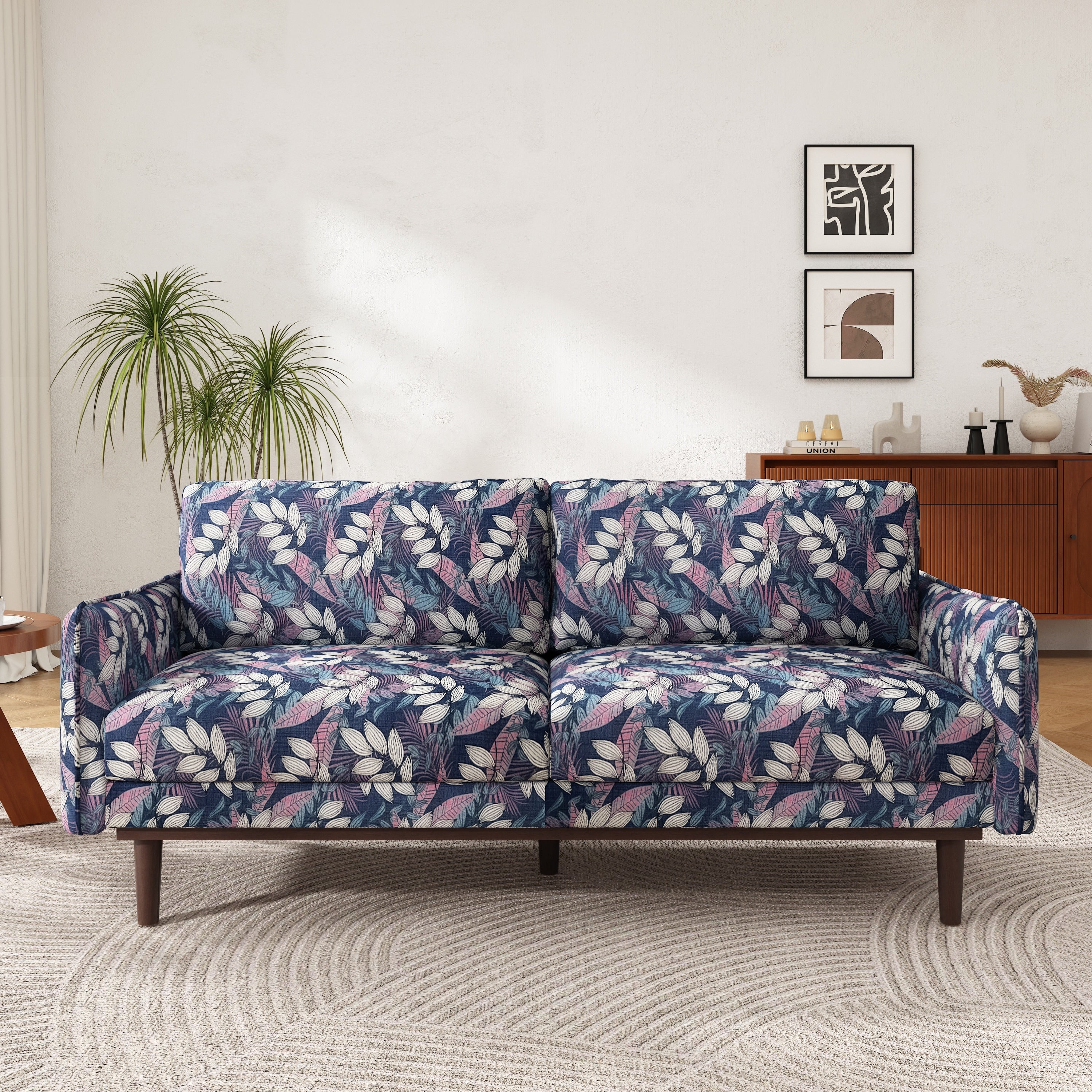 Elegant Loveseat Blue Sofa Couch With Wood Legs 2 Seater Sofa Couch Settee Couch With Square Armrests