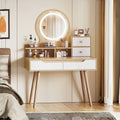 Elegant Makeup Vanity Desk With Adjustable Lighted Mirror Solid Wood Table Feet American White Oak Compact Size