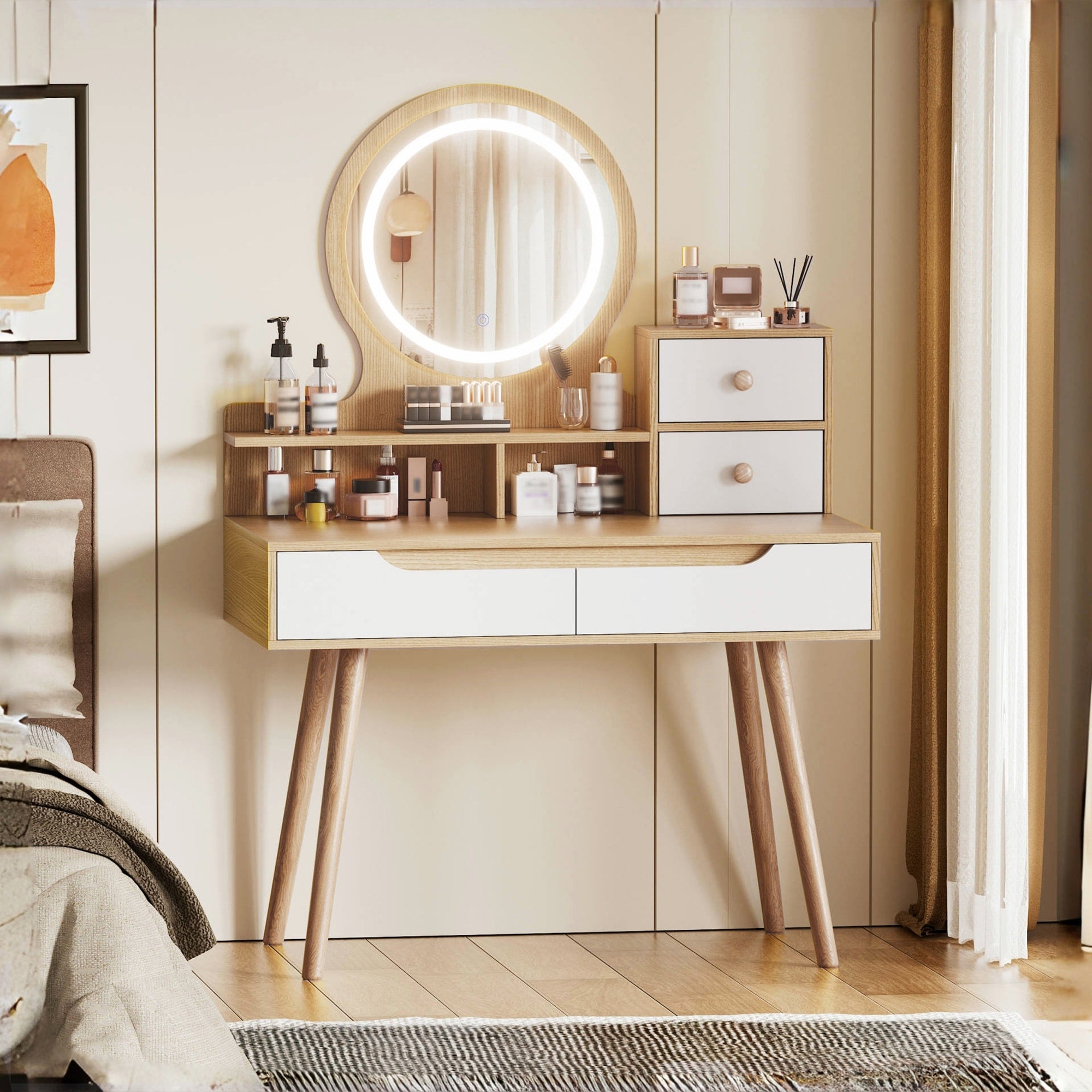 Elegant Makeup Vanity Desk With Adjustable Lighted Mirror Solid Wood Table Feet American White Oak Compact Size