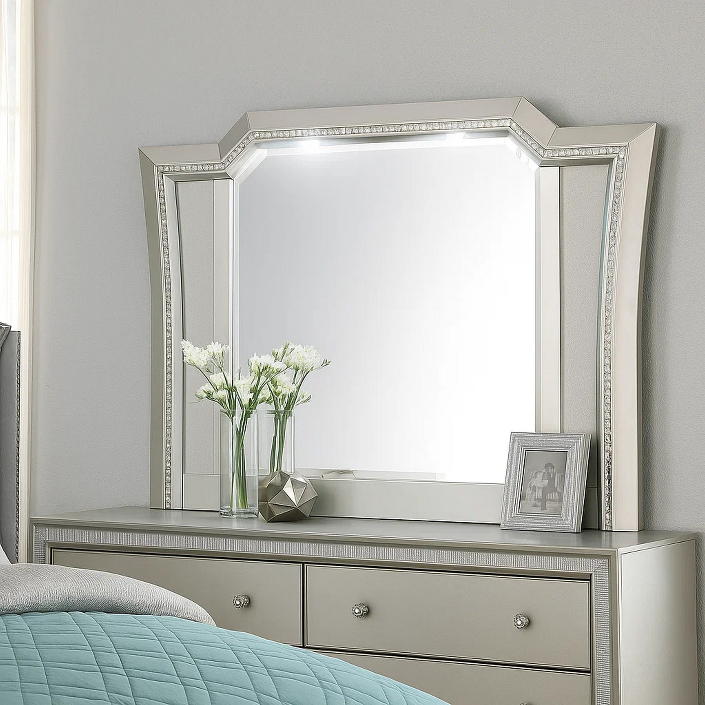 Elegant Mirror With Crystal Sparkling Trim And Led Lights Silver