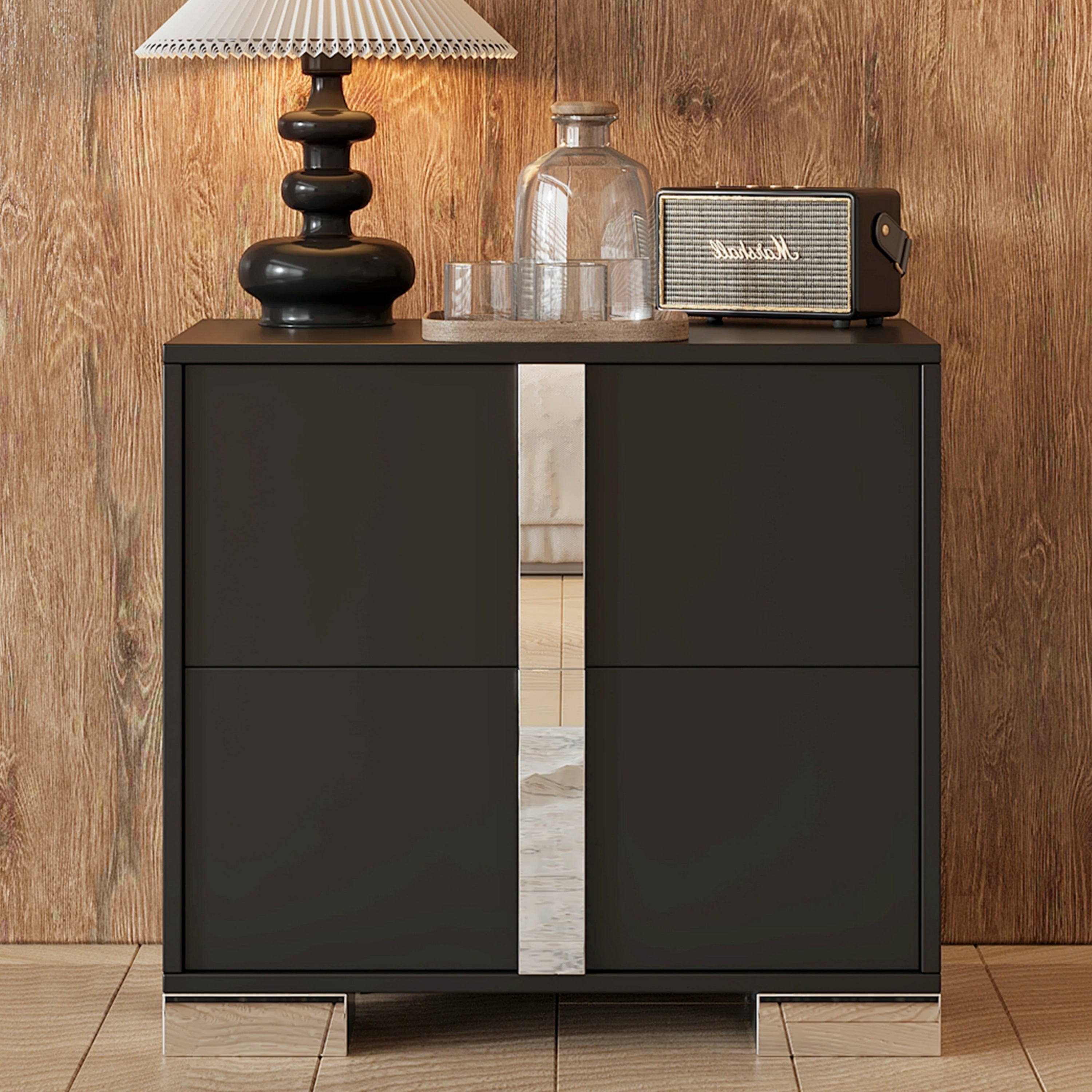 Elegant Mirrored 2 Drawer Nightstand With Metal Feet Bedside Table For Bedroom Living Room Black