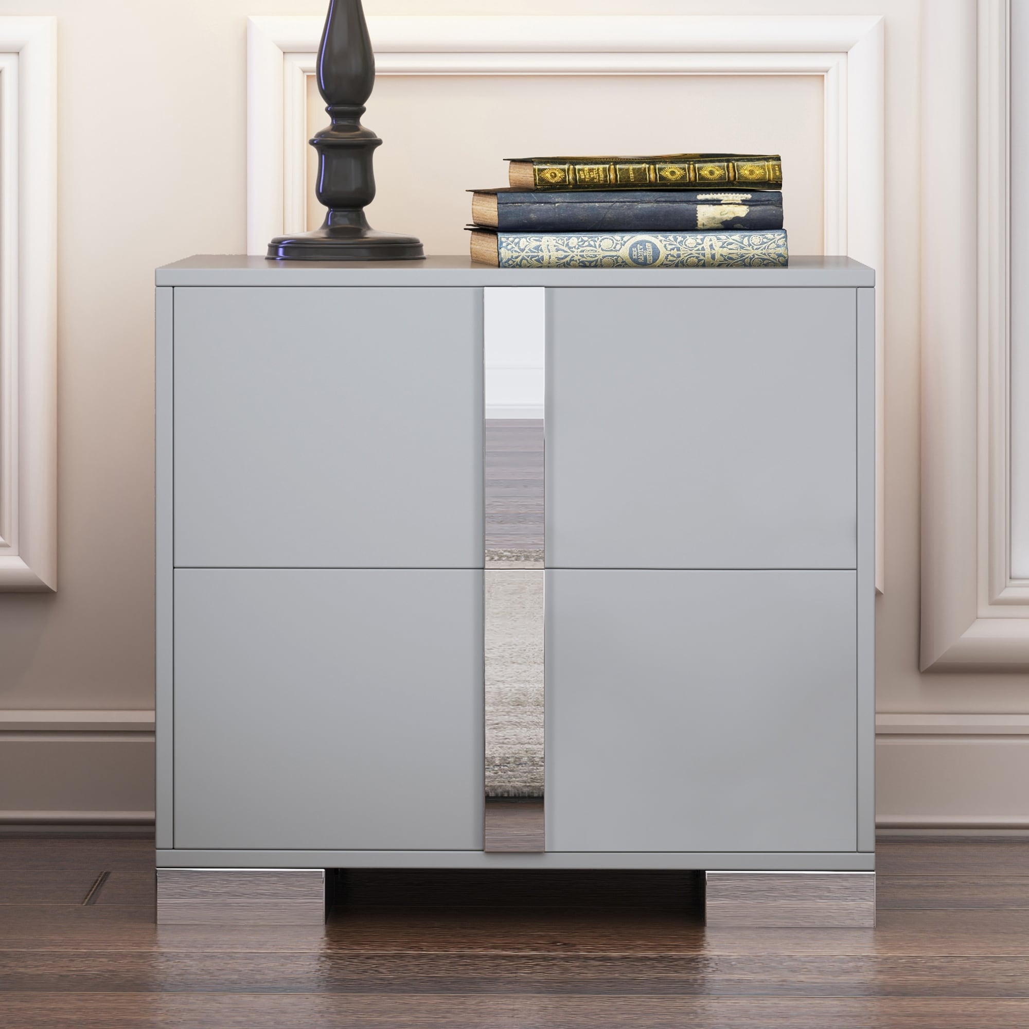 Elegant Mirrored 2 Drawer Nightstand With Metal Feet Bedside Table For Bedroom Living Room Gray