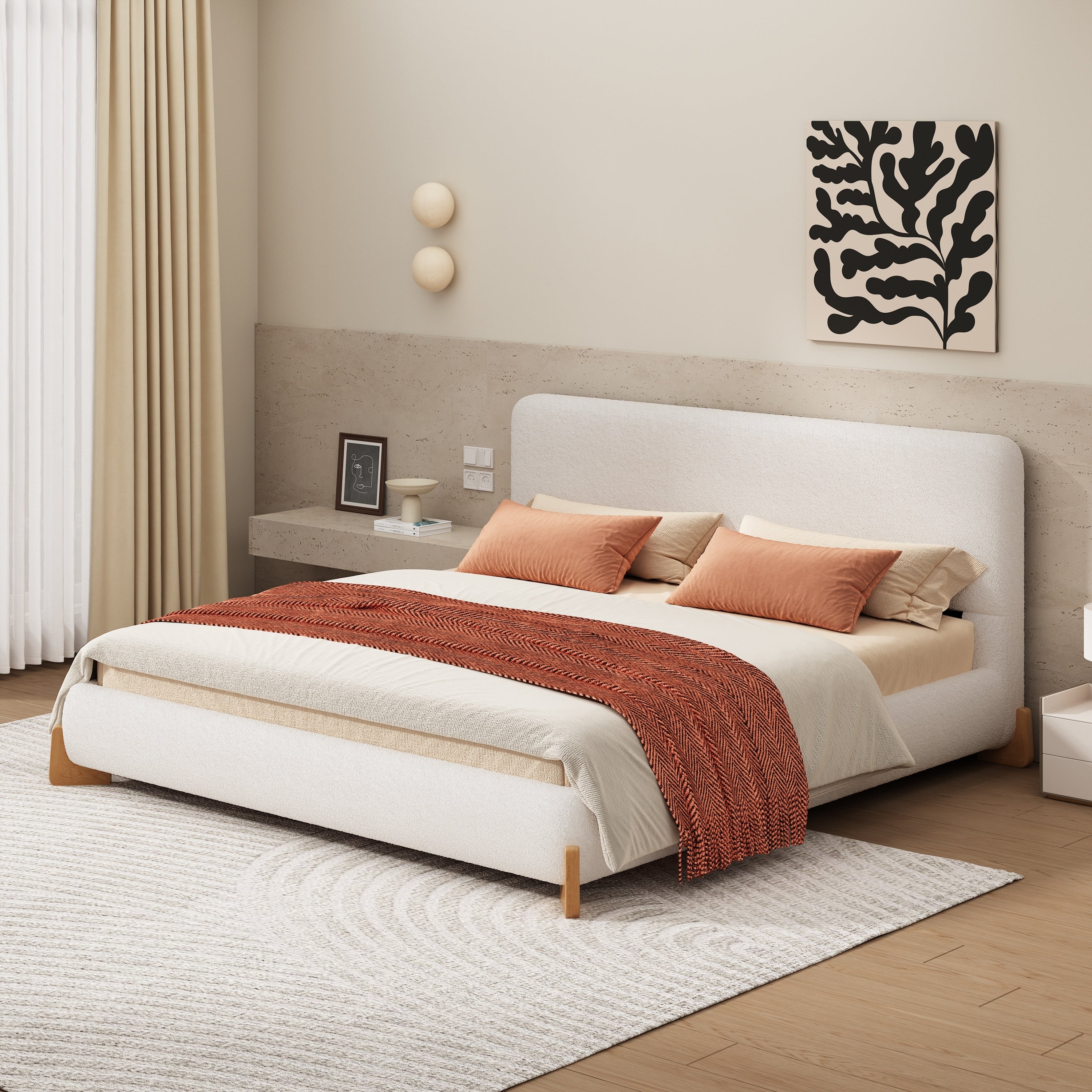 Elegant Queen Size Platform Bed Frame With Upholstered Headboard