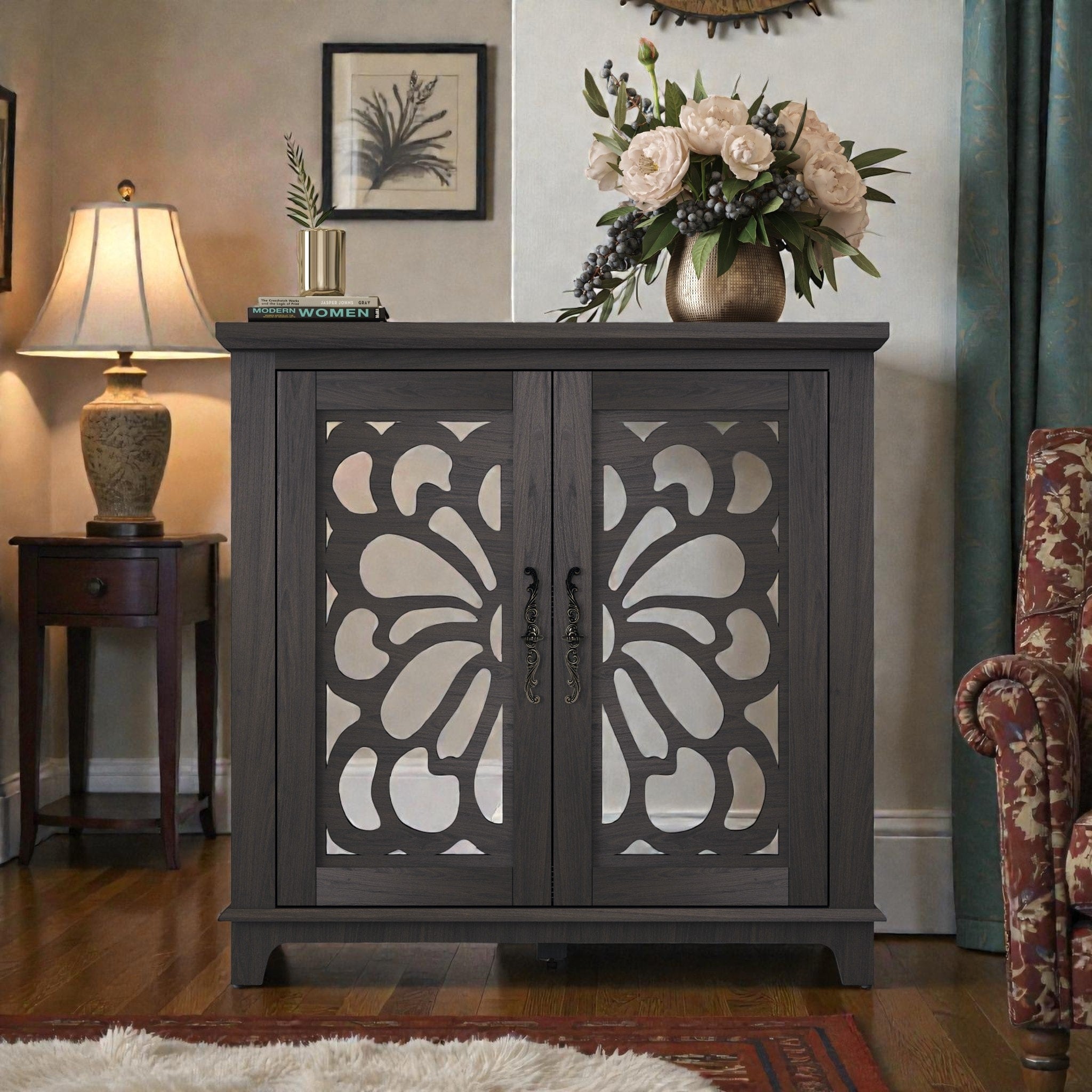 Elegant Sideboard With Acrylic Mirrored Doors Hollow Carved Buffet Cabinet With Adjustable Shelf For Living Room Or Kitchen