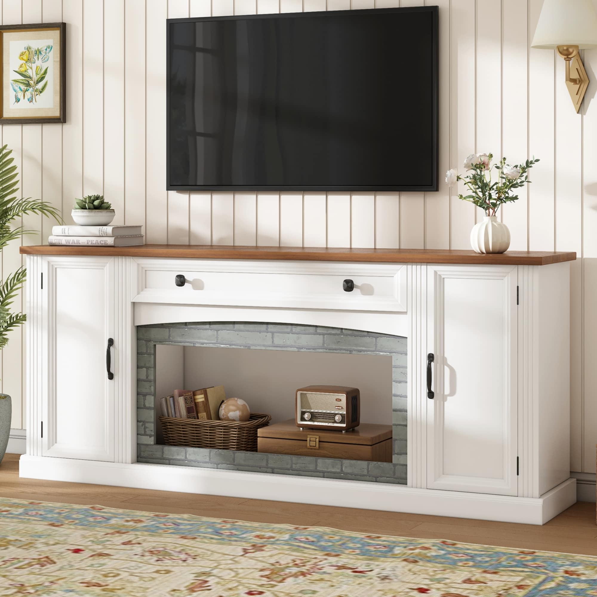 Elegant Tv Stand With Gray Brick Design For Tvs Up To 70 Inches