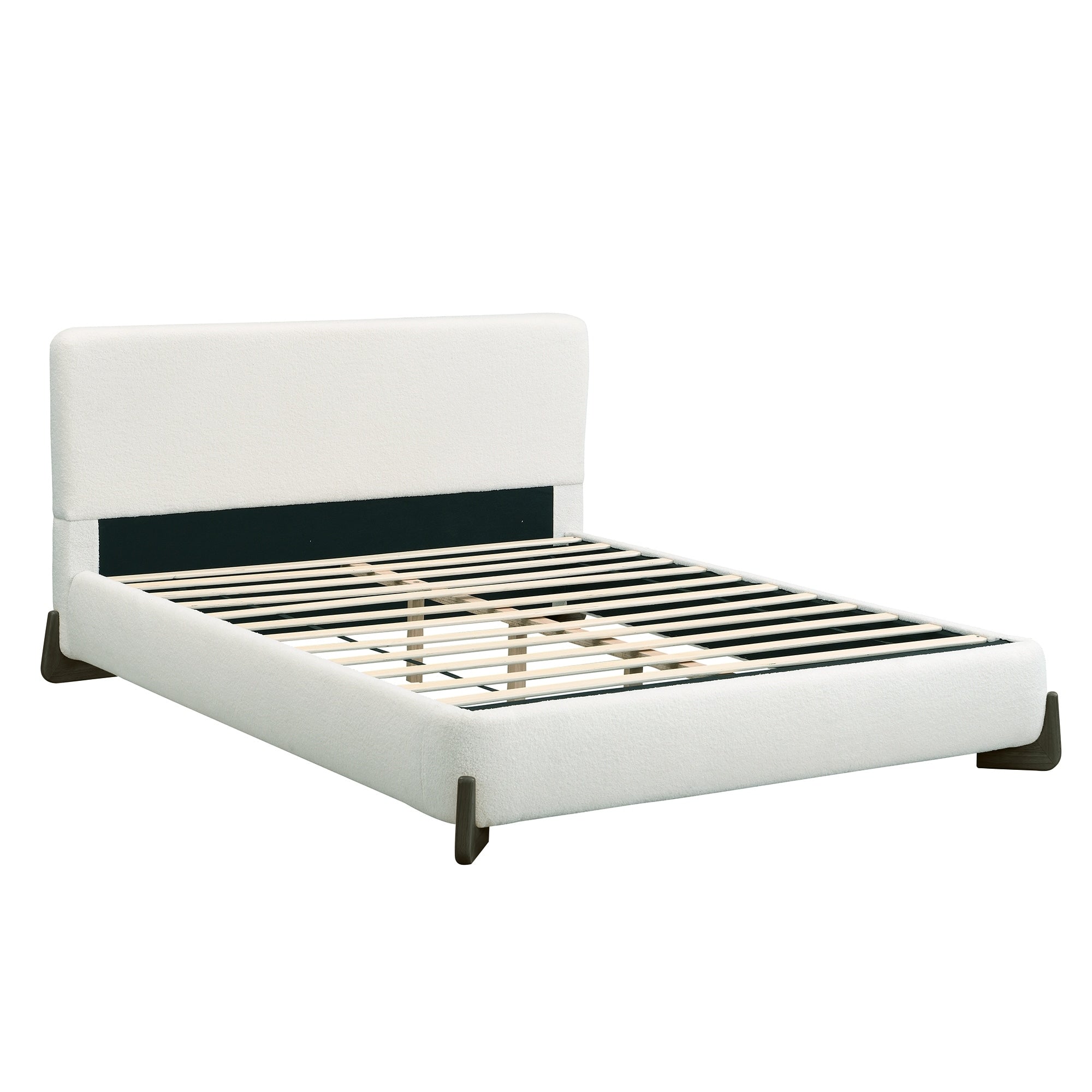 Queen King Elegant Upholstered Bed With Dark Brown Solid Wood Legs Boucle Fabric