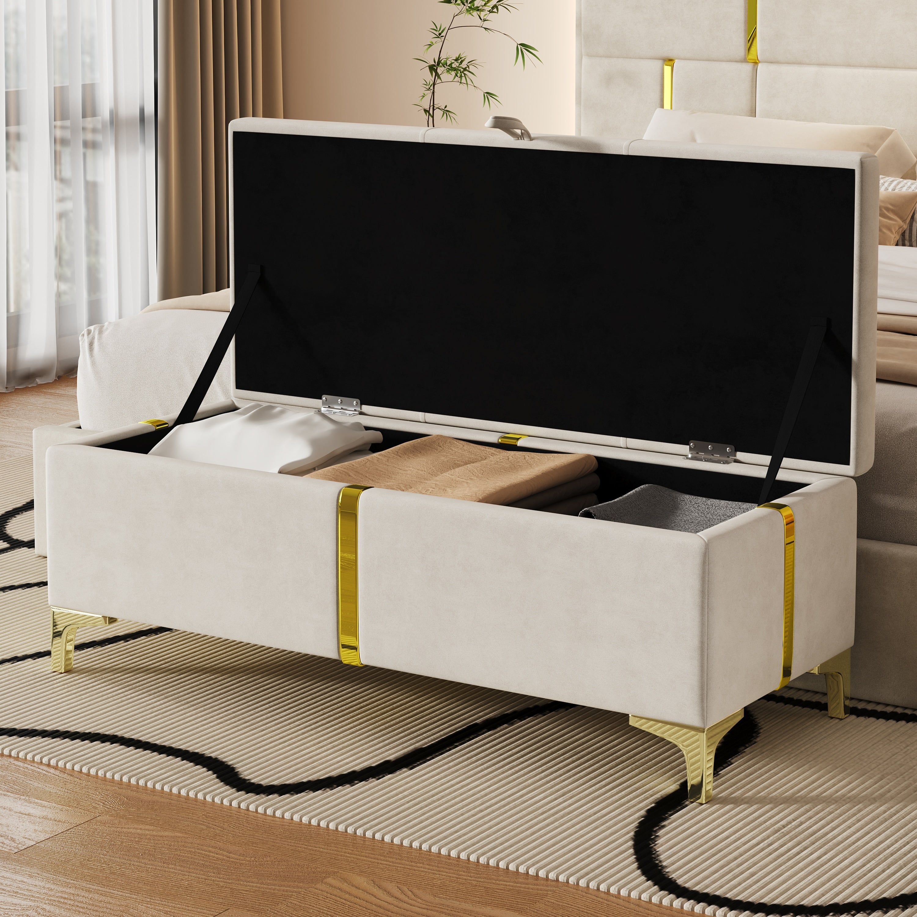 Elegant Upholstered Storage Ottoman Padded Bench With Metal Legs Beige Accent Bench Velvet Vanity Bench