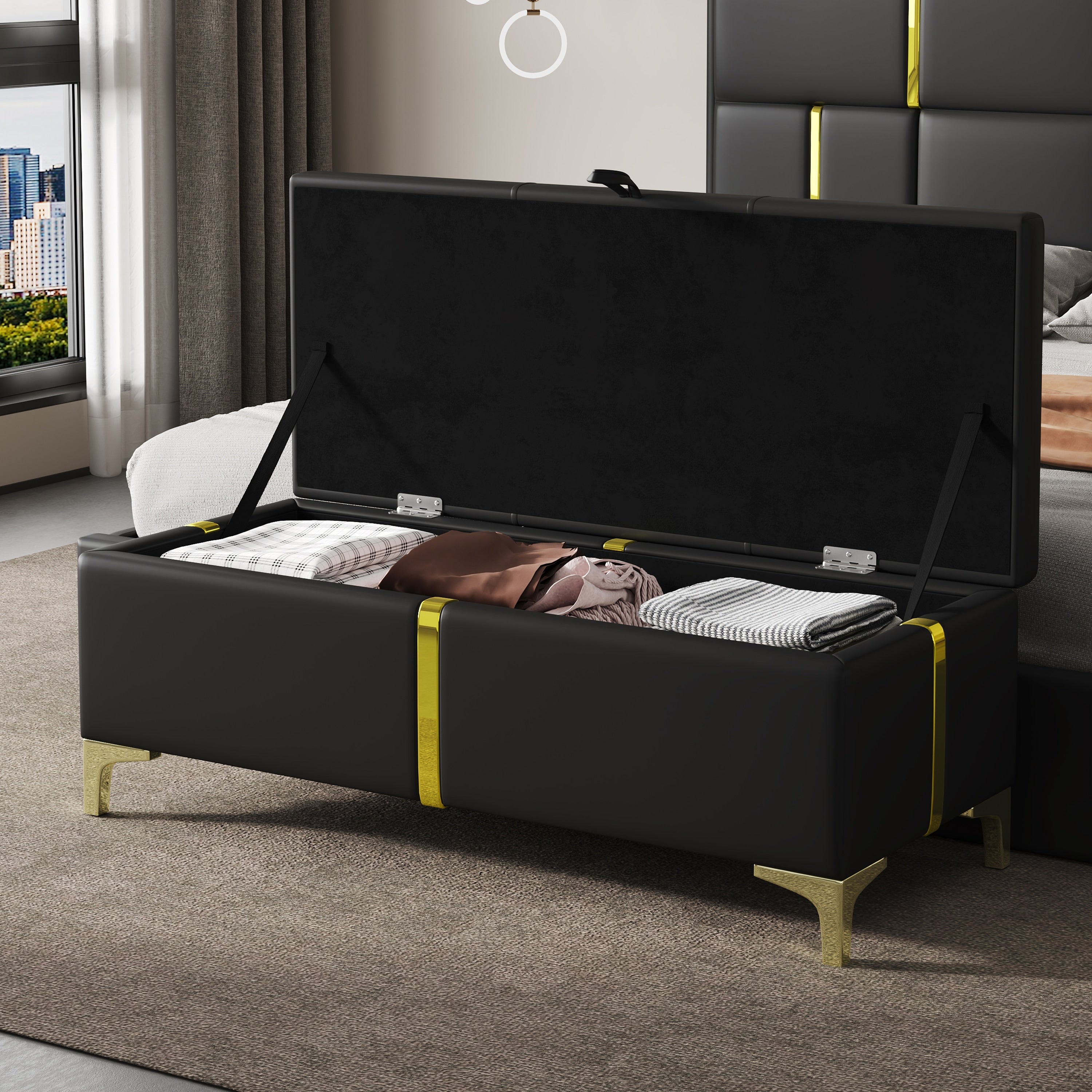 Elegant Upholstered Storage Ottoman Padded Bench With Metal Legs Black Accent Bench Leather Vanity Bench