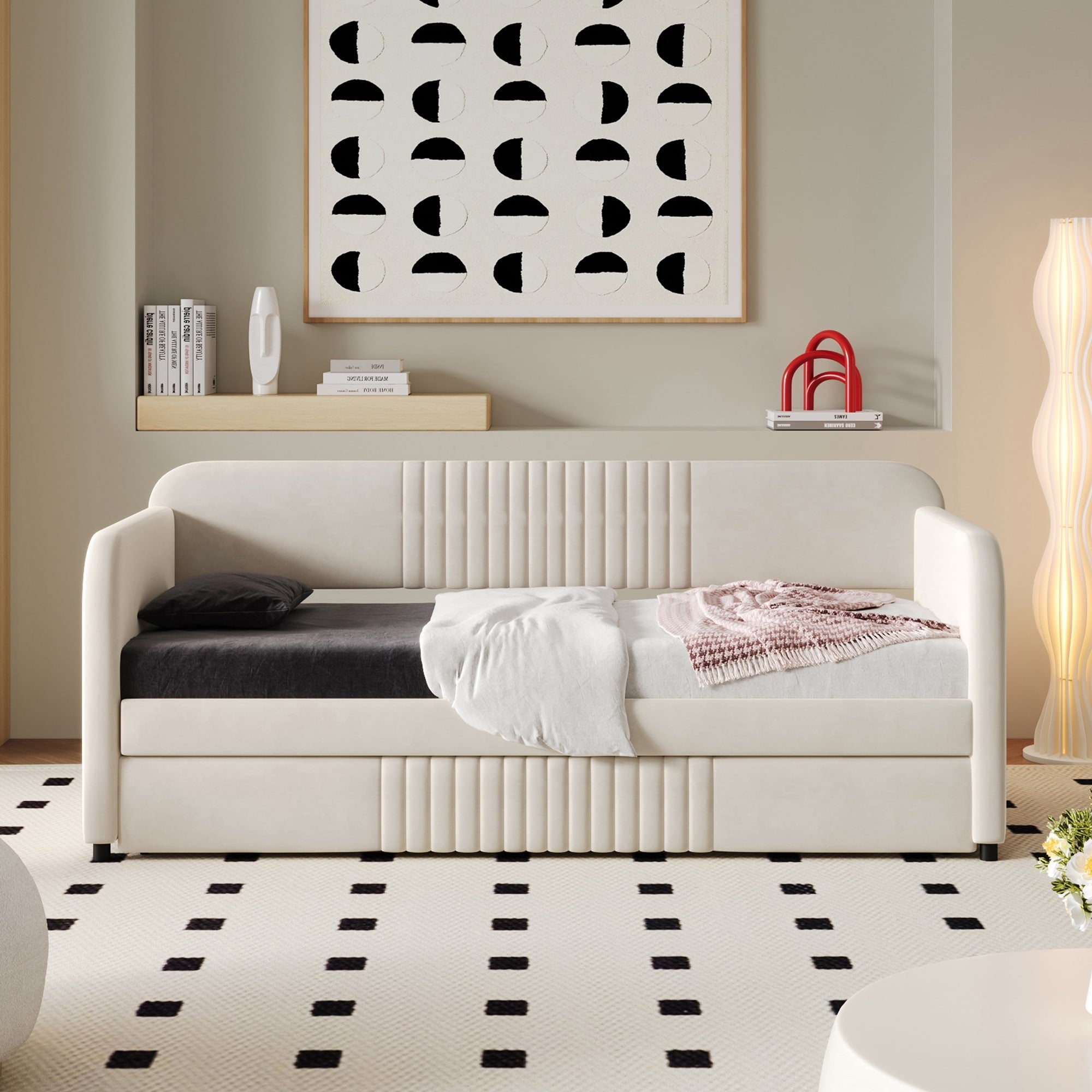 Elegant Velvet Upholstered Twin Daybed Sofa With Trundle And Wooden Slats