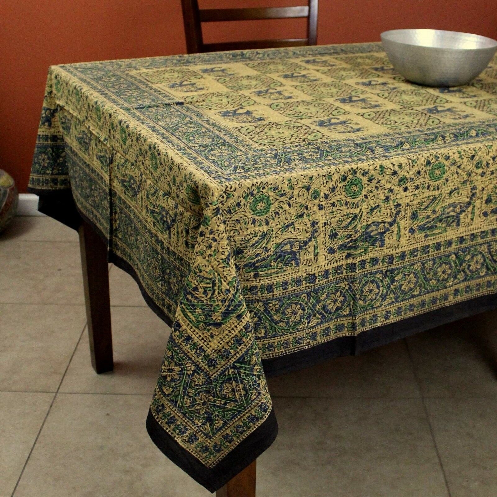 Handmade Elephant Batik Block Print Tablecloth Rectangular Cotton 60X90 Inches In Three Shades Green Earthern Gray