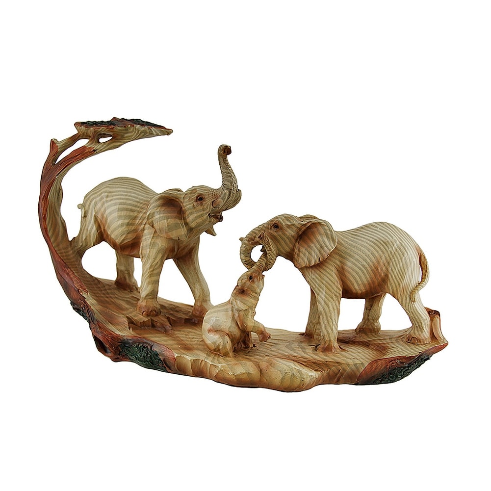 Elephant Family Safari Carved Wood Look Decorative Statue 6.5 X 12 X 3.5 Inches