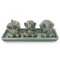 Elephant Lesson Hear Speak See No Evil Artisan Figurine Decor Accent Green Celadon Ceramic Signed Art Work Sculpture Thailand
