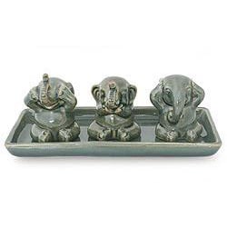 Elephant Lesson Hear Speak See No Evil Artisan Figurine Decor Accent Green Celadon Ceramic Signed Art Work Sculpture Thailand