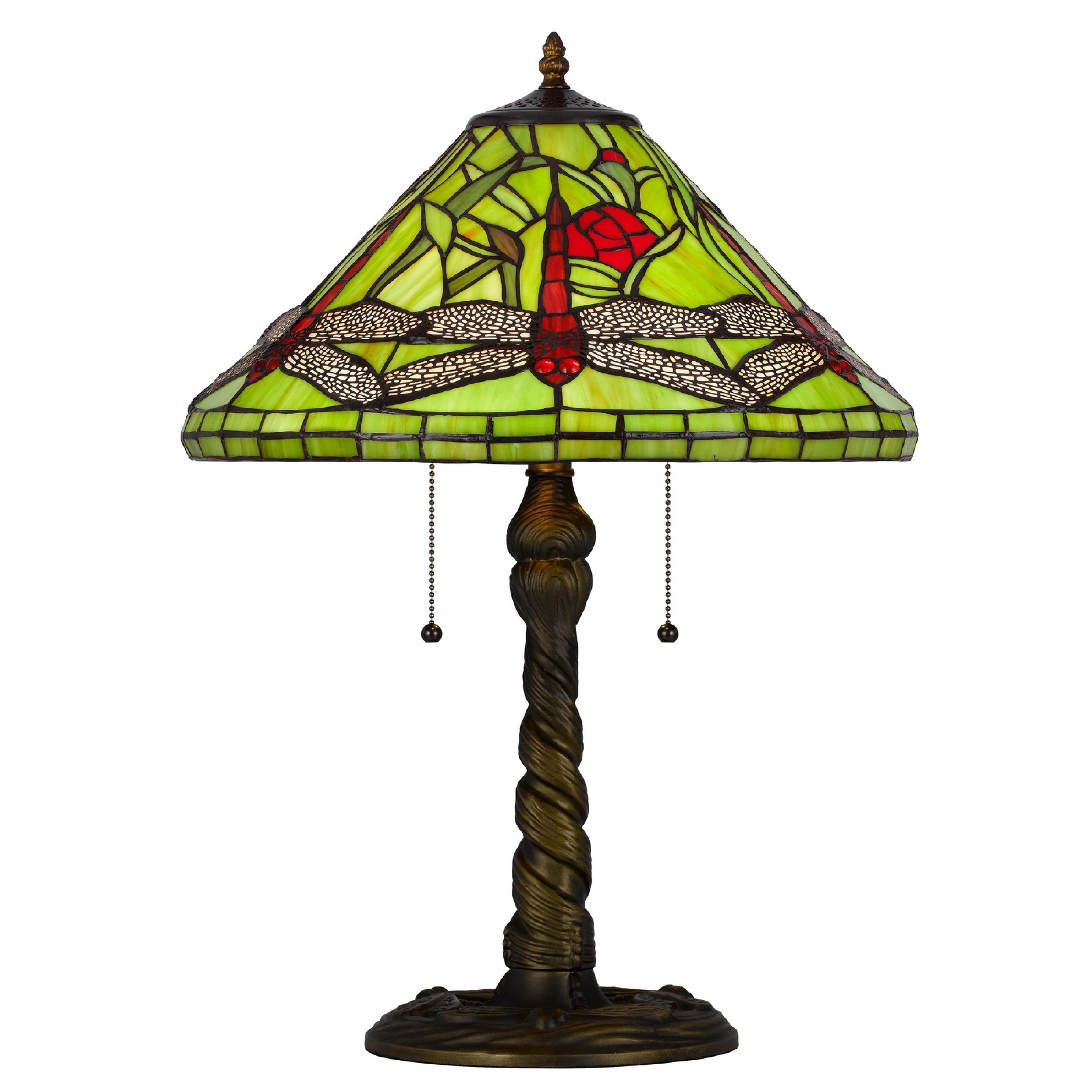 Eli Table Lamp With Tiffany Glass Shade Painted Green Dragonfly Brass