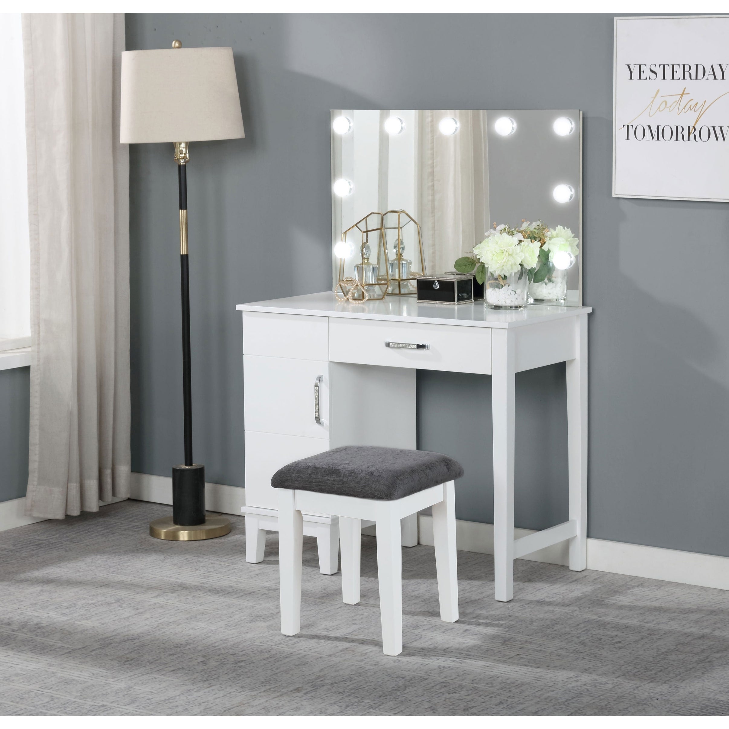 White And Dark Grey Vanity Set With Led Lights