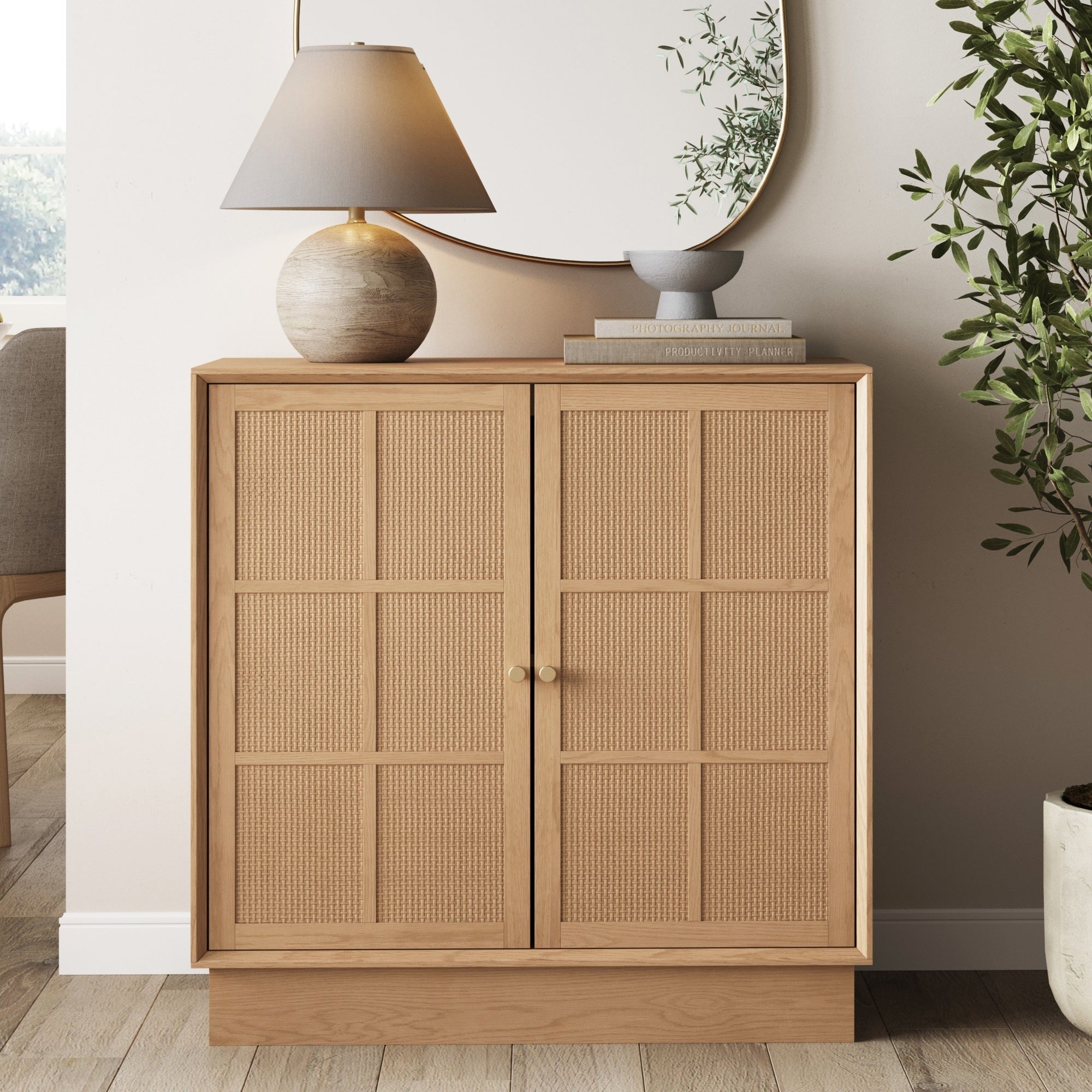 Elise Modern Coastal Rattan Storage Cabinet Oak Tv Cabinet Stand With Doors And Brass Door Handles