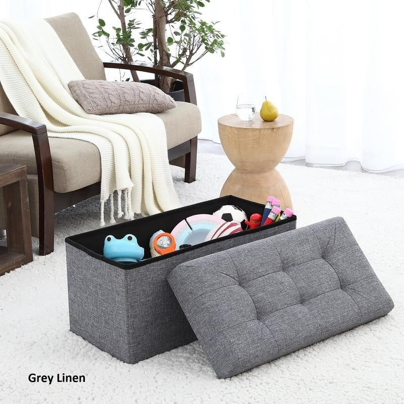 Ellington Home Foldable Tufted Linen Large Storage Ottoman Bench Foot Rest Stool