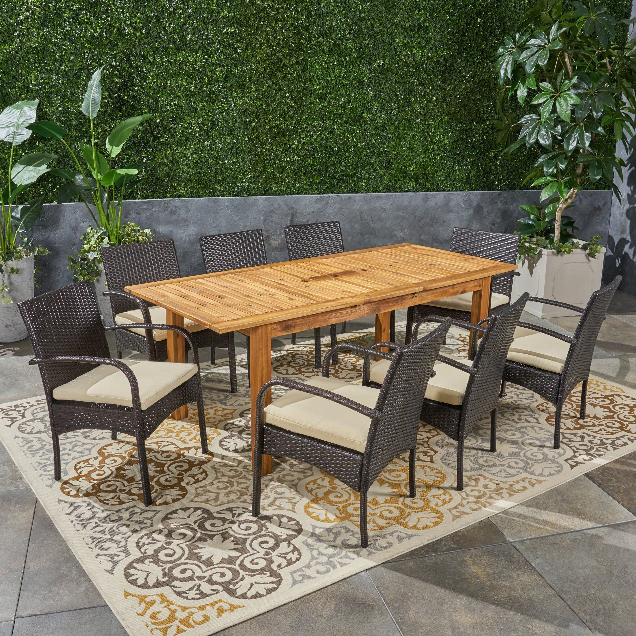 Elmar Outdoor 9 Piece Wood And Wicker Expandable Dining Set By Christopher Knight Home