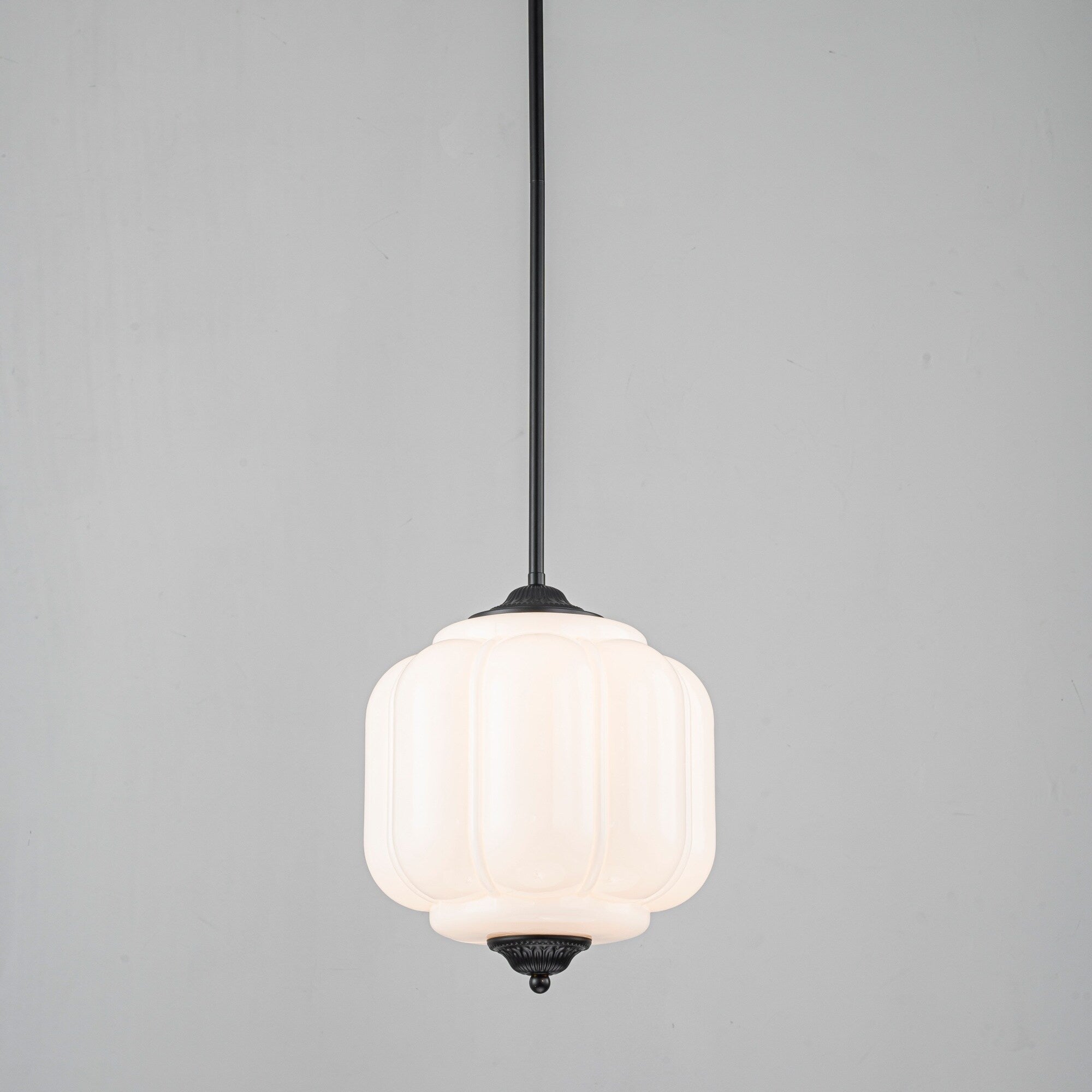 Eloise 1 Light Vintage Pumpkin Shaped Matte Black Pendant Light With Milk Glass Shade For Hallway Or Living Room