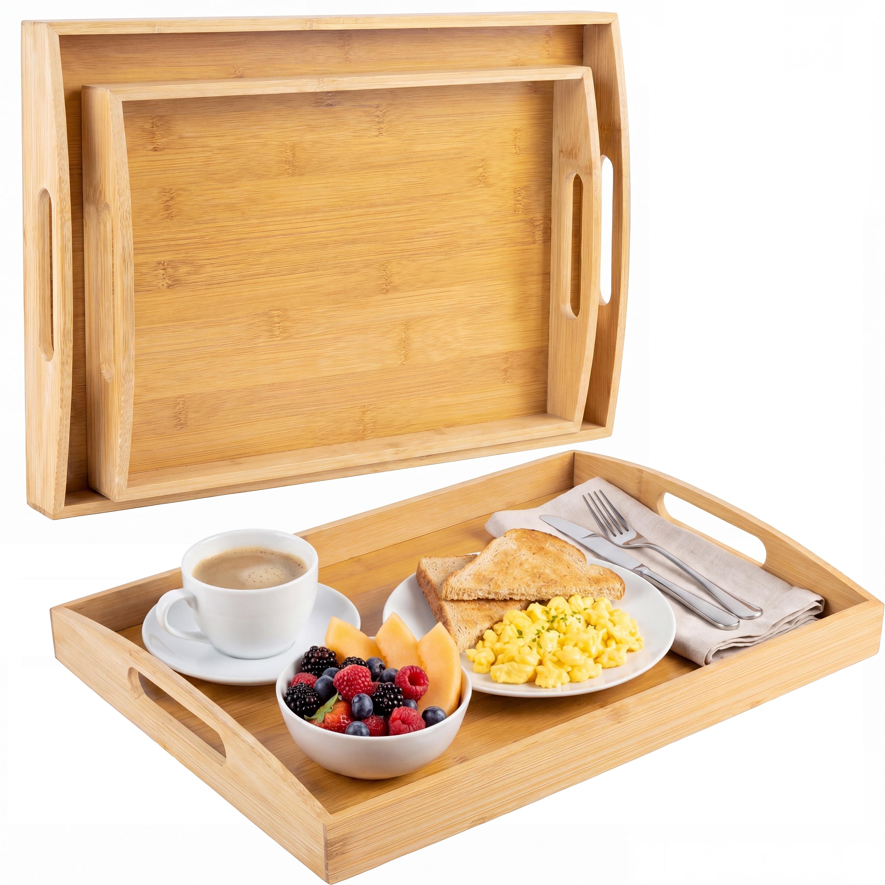 Elora Set Of 2 Handcrafted Nesting Bamboo Serving Trays With Handles
