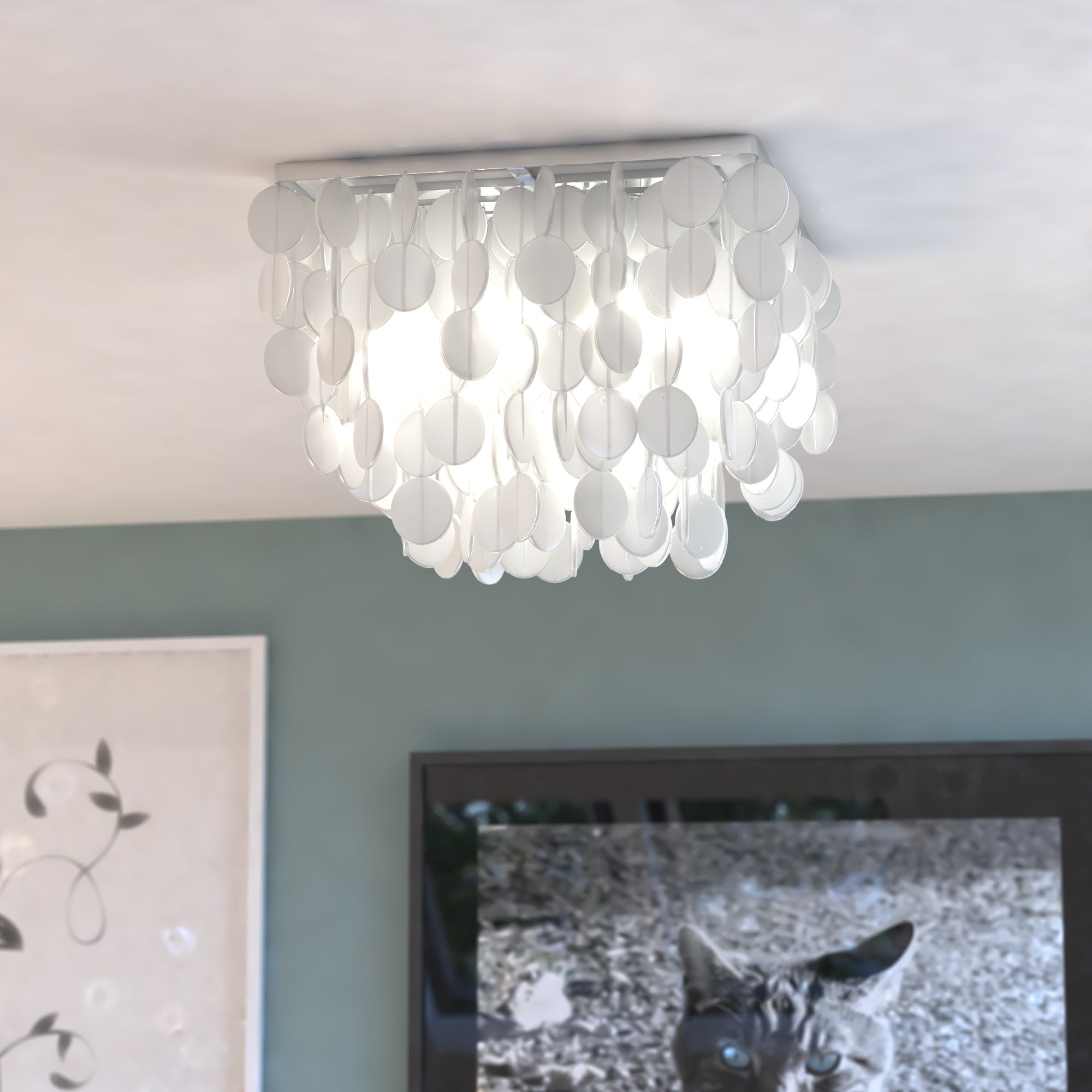 Vaxcel Elsa Capiz Shell 16 Square Flush Mount Satin Nickel