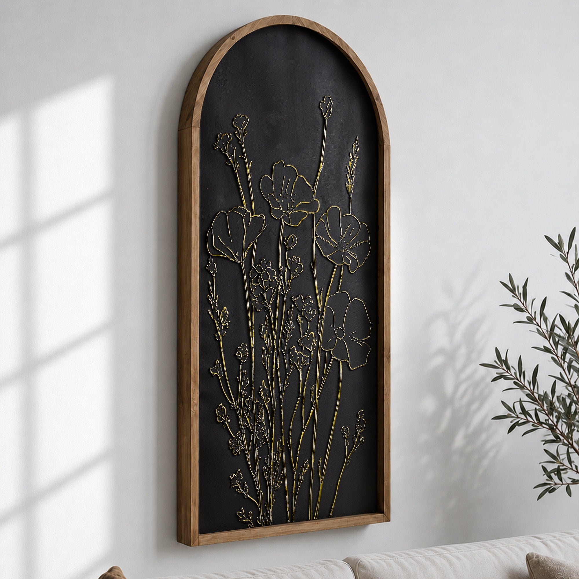 Embossed Black Gold Arched Floral Wall Art 3D Metal Framed Botanical Coastal Boho Decor For Living Room Bedroom Bathroom