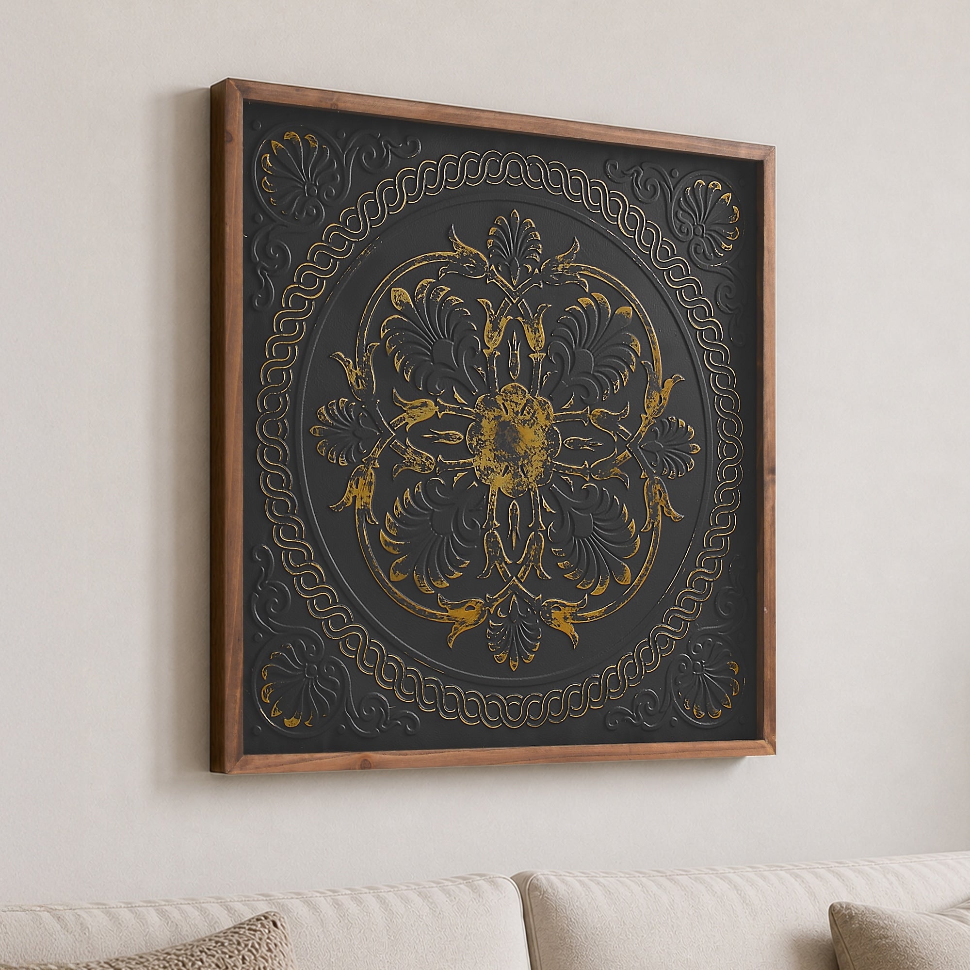 Embossed Black Gold Medallion Wall Art 3D Metal Framed Square Boho Coastal Farmhouse Decor For Living Room Bedroom