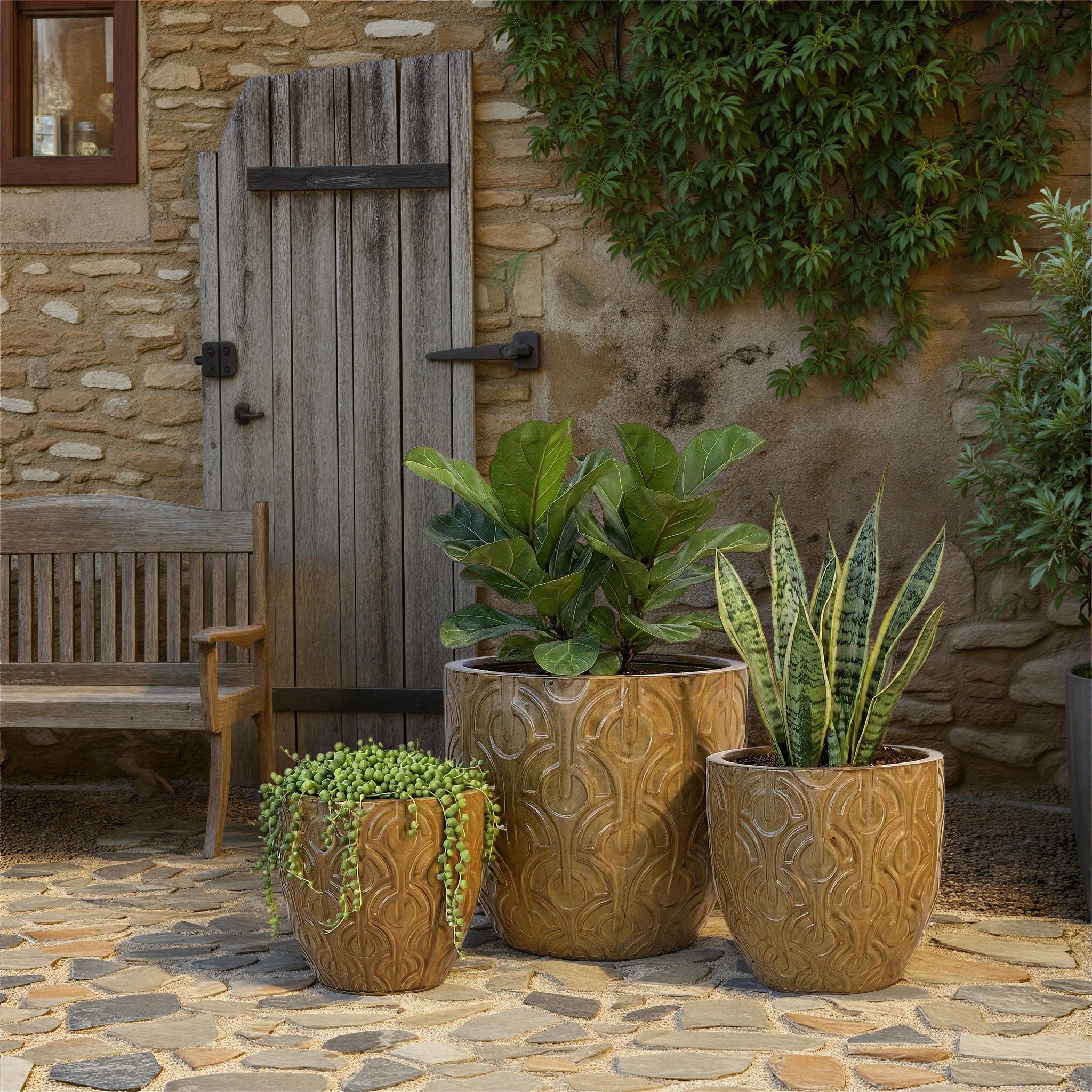 Embossed Lightweight Eco Stone Round Indoor Outdoor Planter Set With Drainage Holes 14.57 L X 14.57 W X 12.99 H
