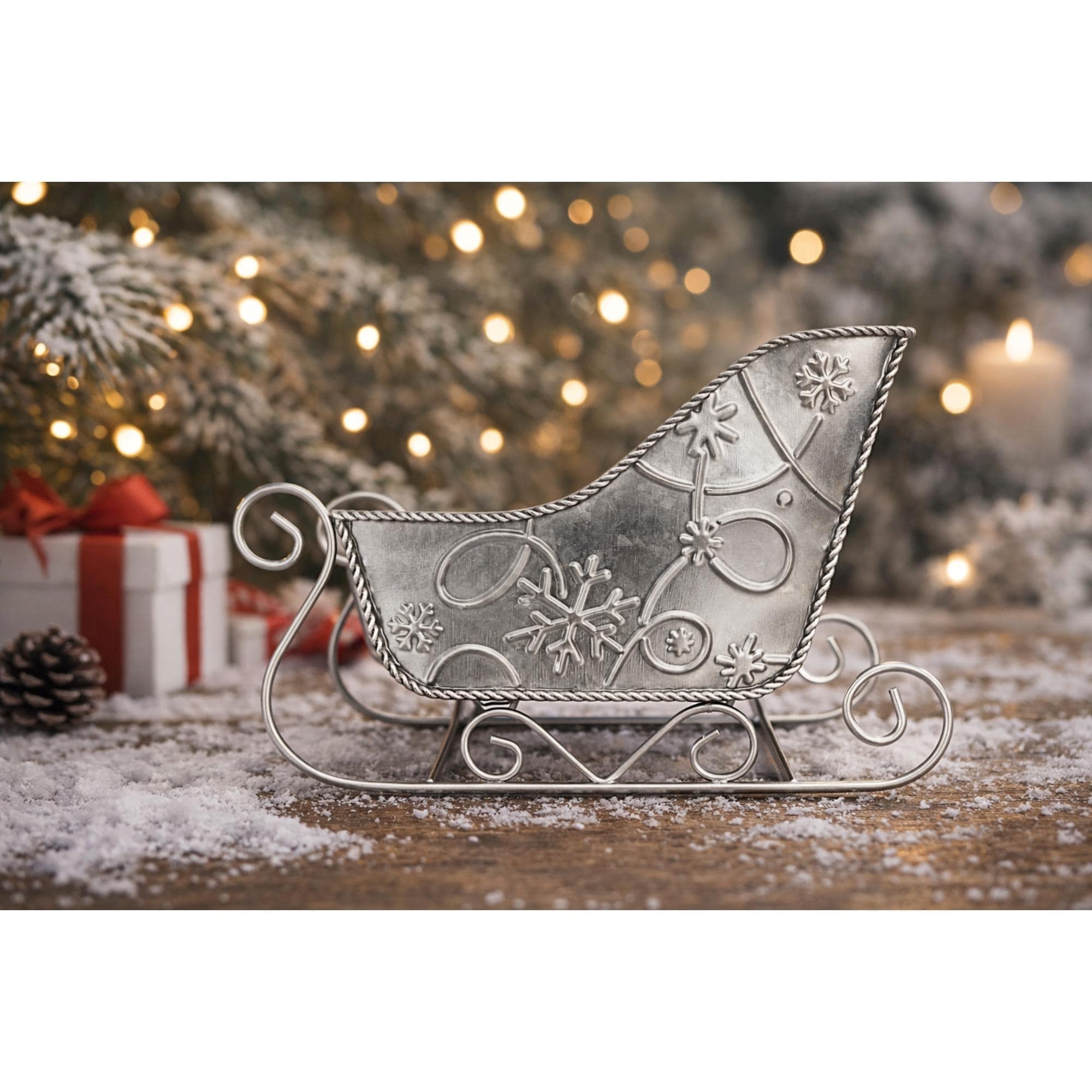 Embossed Snowflake Metal Sleigh Christmas Decoration 8.75