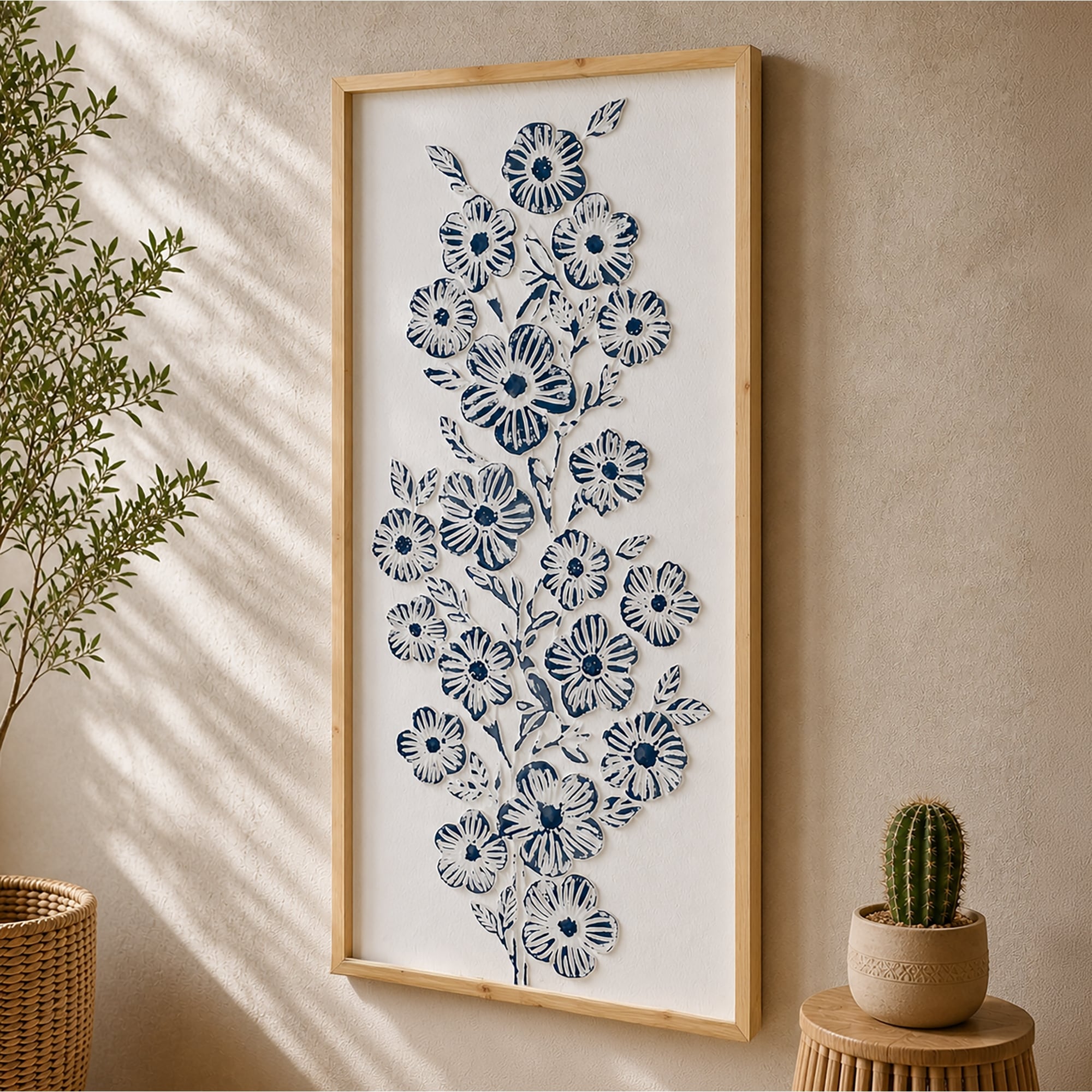 Embossed White Blue Floral Wall Art 3D Metal Framed Botanical Coastal Boho Decor For Living Room Bedroom Bathroom