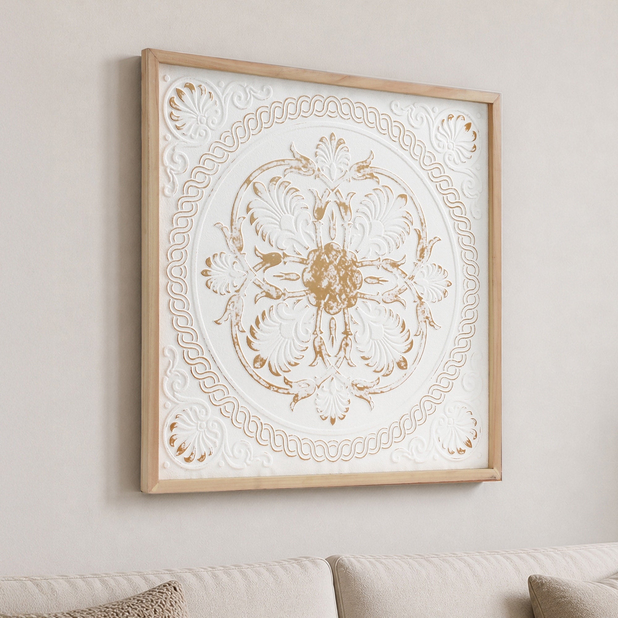 Embossed White Gold Medallion Wall Art 3D Metal Framed Square Boho Coastal Farmhouse Decor For Living Room Bedroom