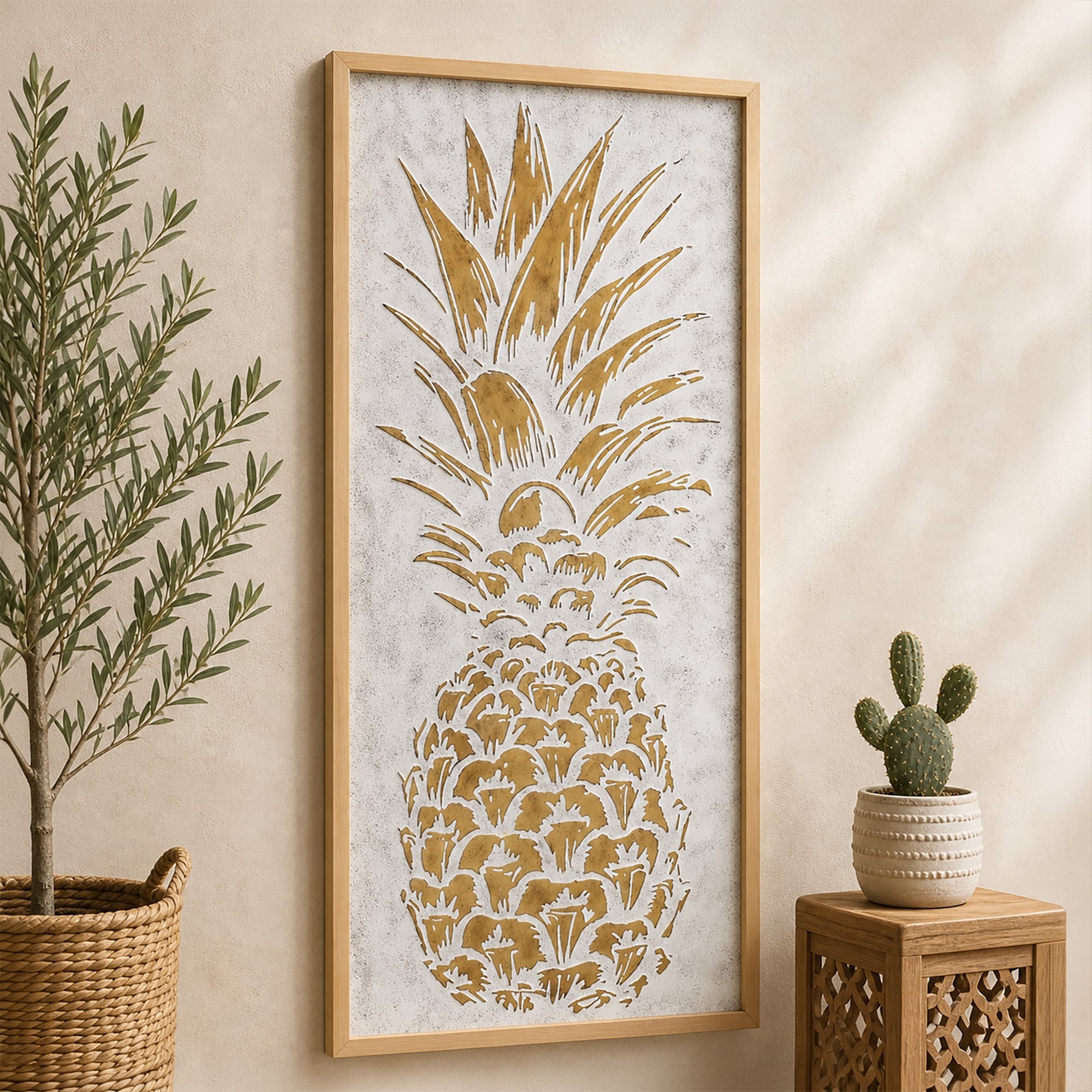 Embossed White Gold Pineapple Wall Art 3D Metal Framed Tropical Coastal Boho Decor For Living Room Bedroom Bathroom