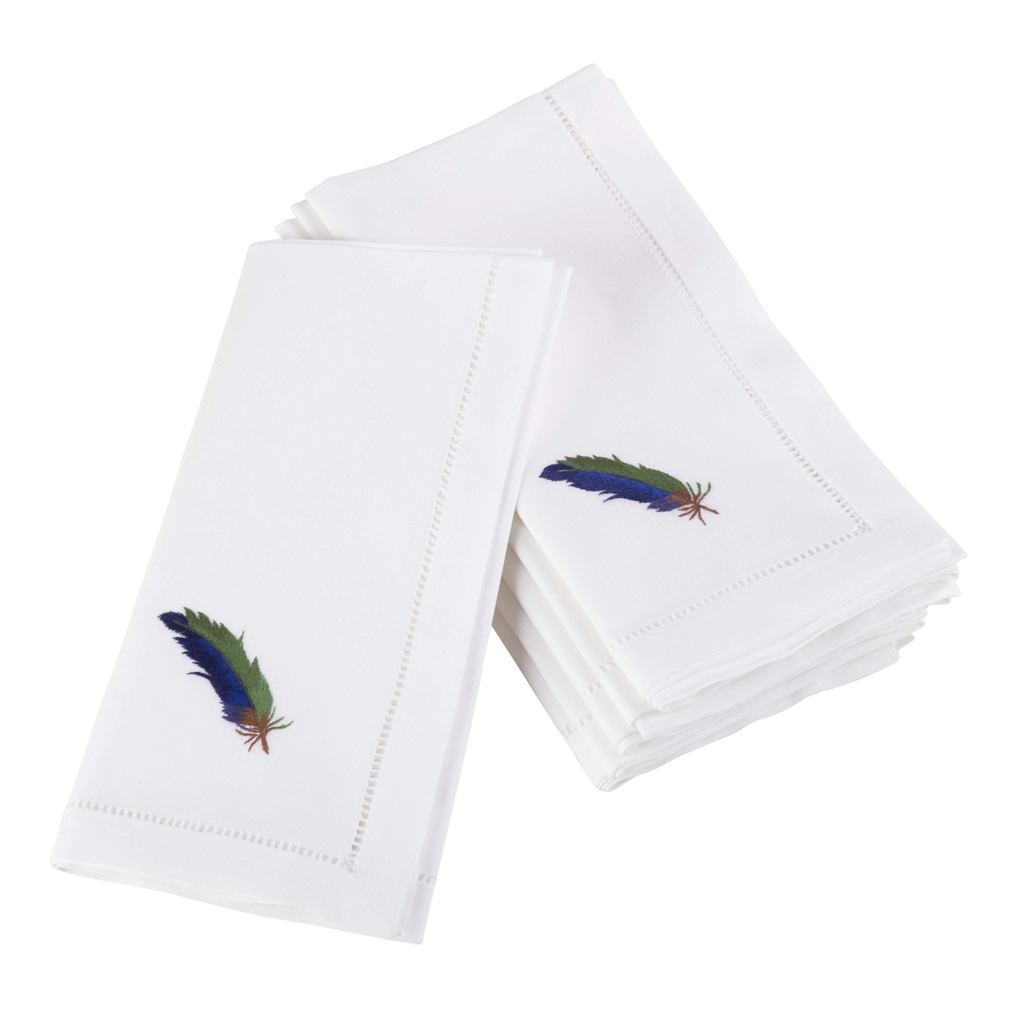 Embroidered Blue Feather Hemstitched Cotton Napkin Set Of 6