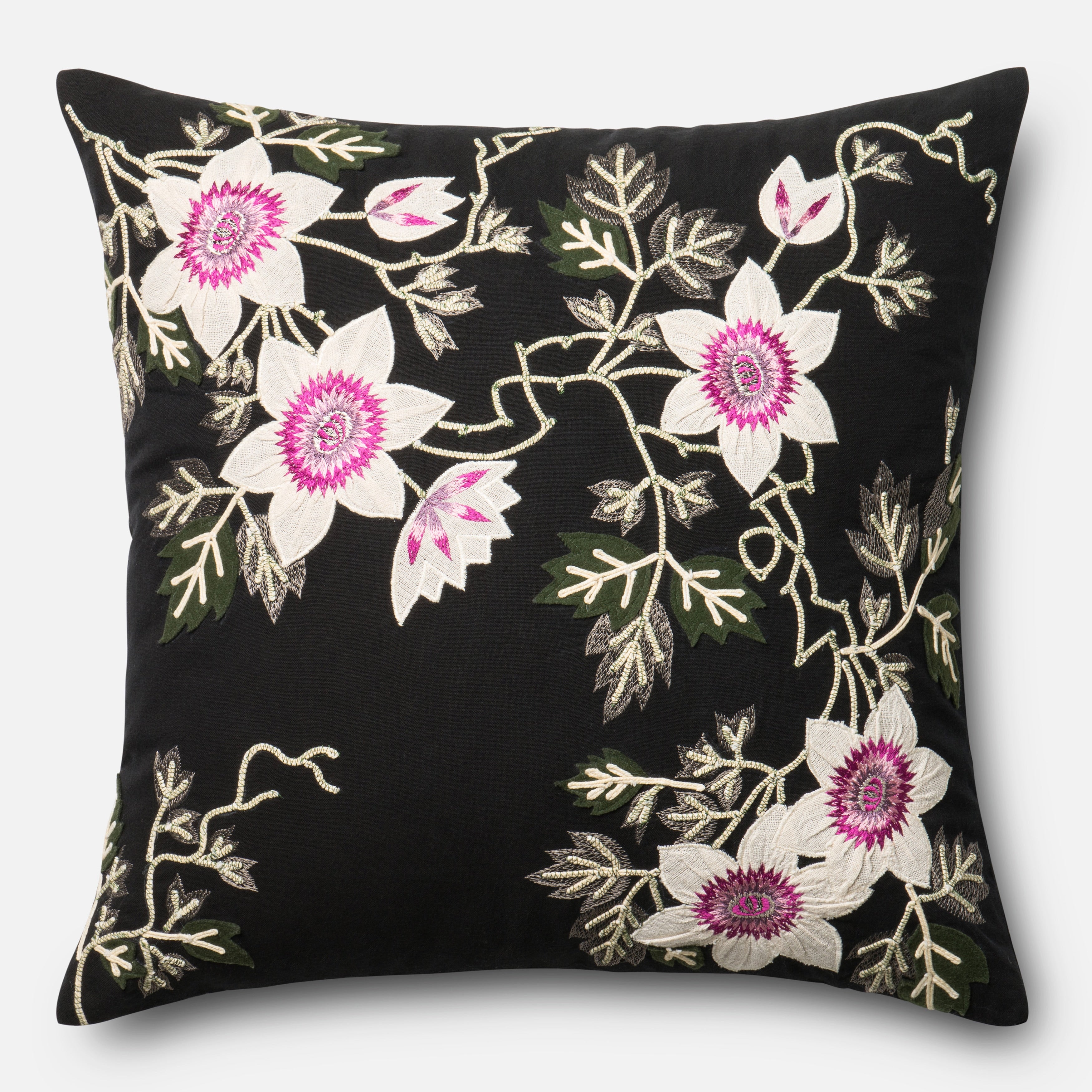 Embroidered Cotton Black Ivory Floral 22 Inch Throw Pillow Or Pillow Cover