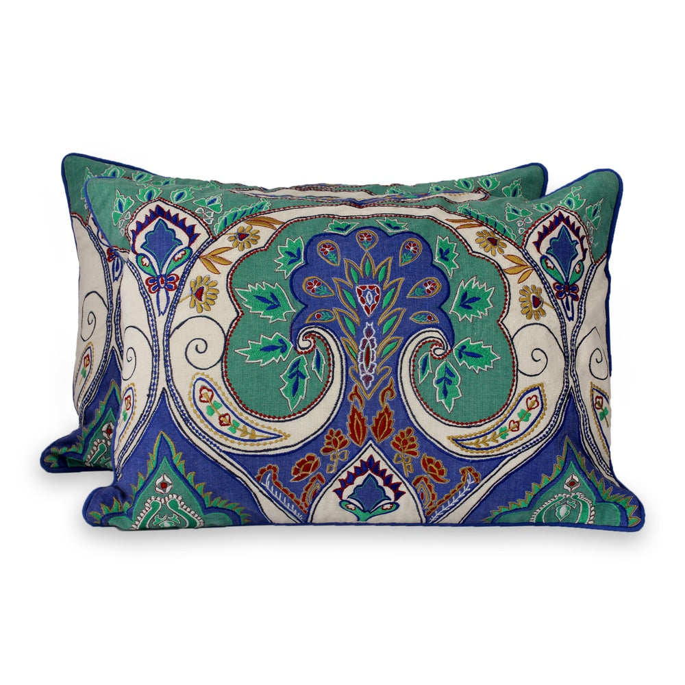 Handmade Embroidered Set Of 2 Cushion Covers Autumn In Delhi India