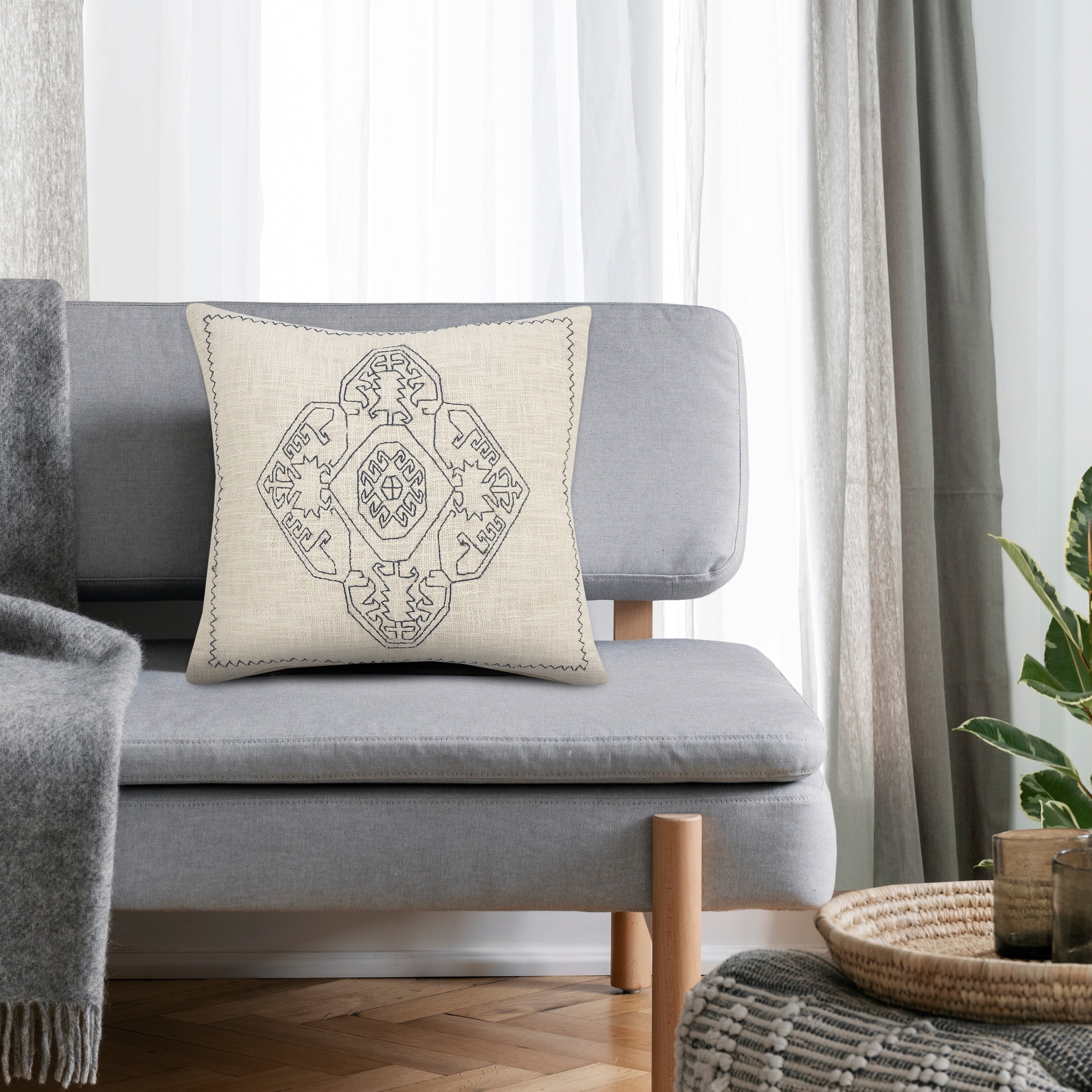 Embroidered Damask Medallion Throw Pillow