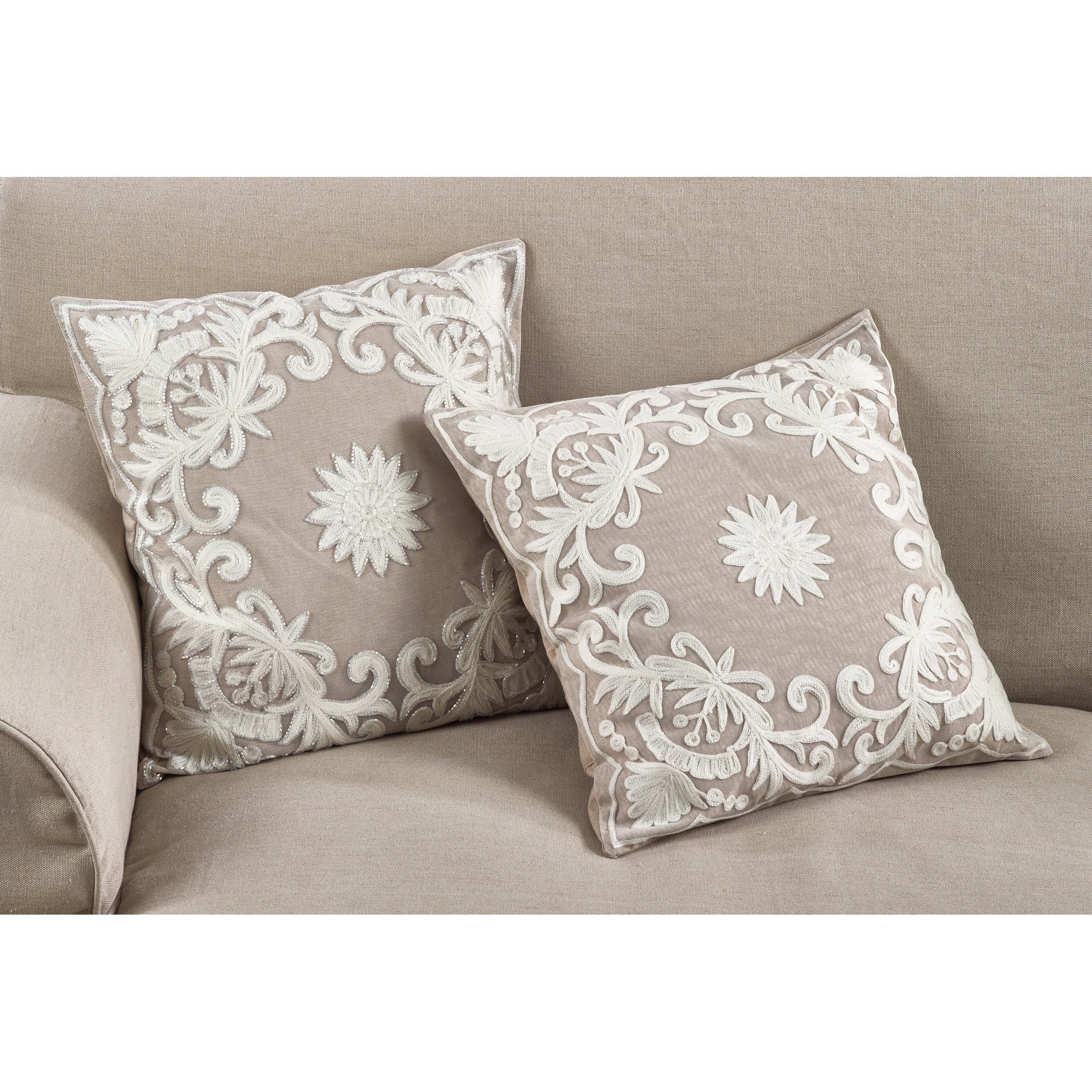 Embroidered Floral Design Cotton Poly Filled Throw Pillow