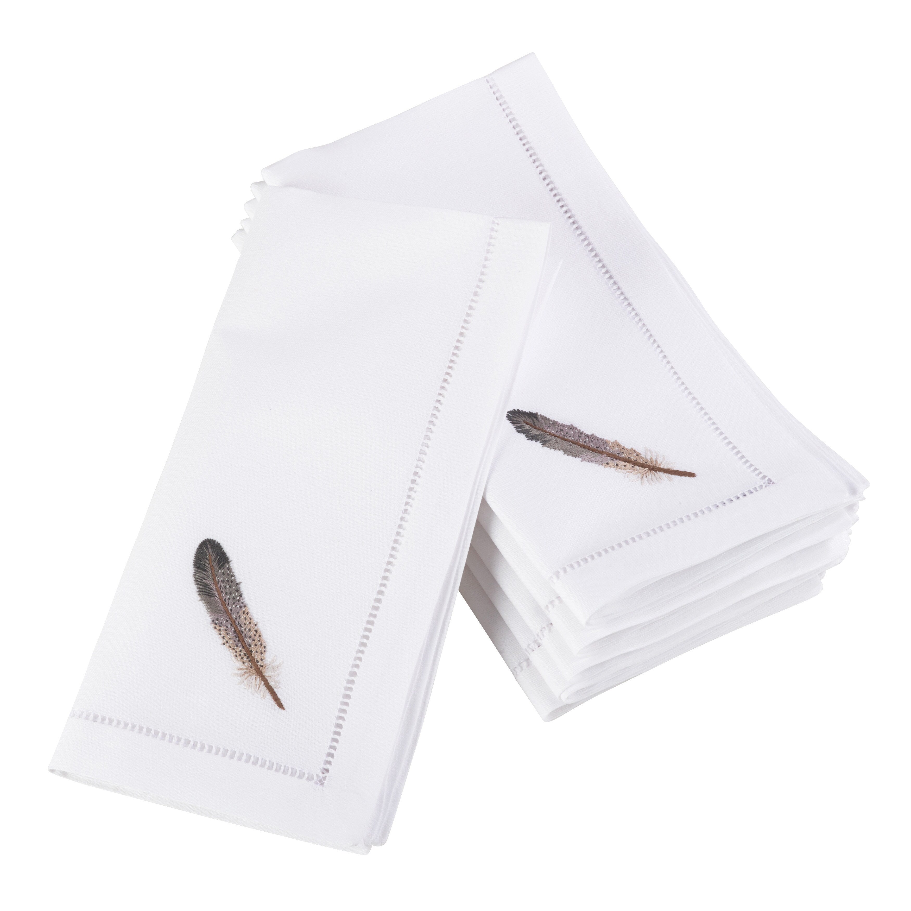 Embroidered Gray Feather Hemstitched Cotton Napkin Set Of 6
