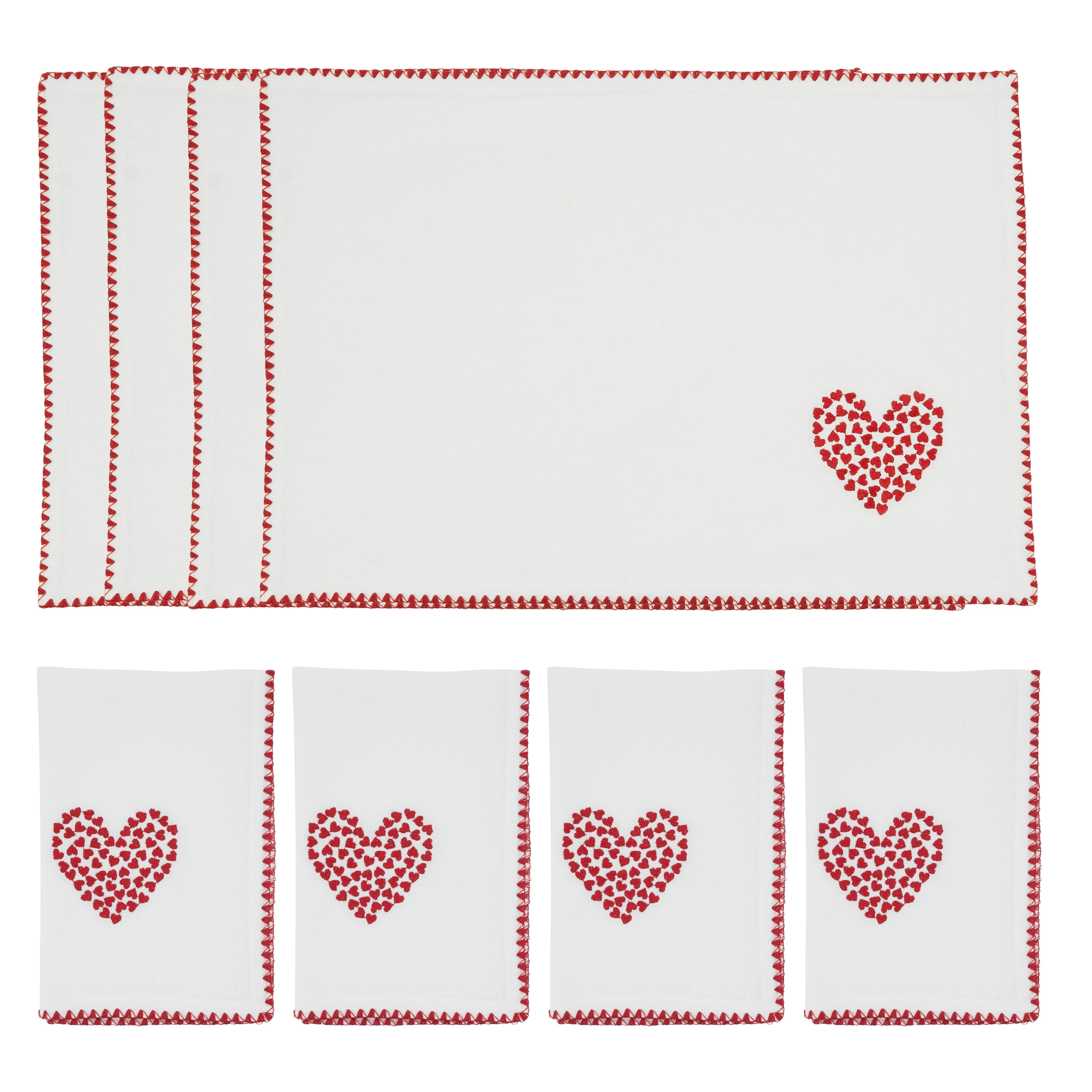 Embroidered Heart Scatter Placemats Napkins Set Of 8 Red Mini Heart Table Linens With Scalloped Trim 13 X19 18 X18