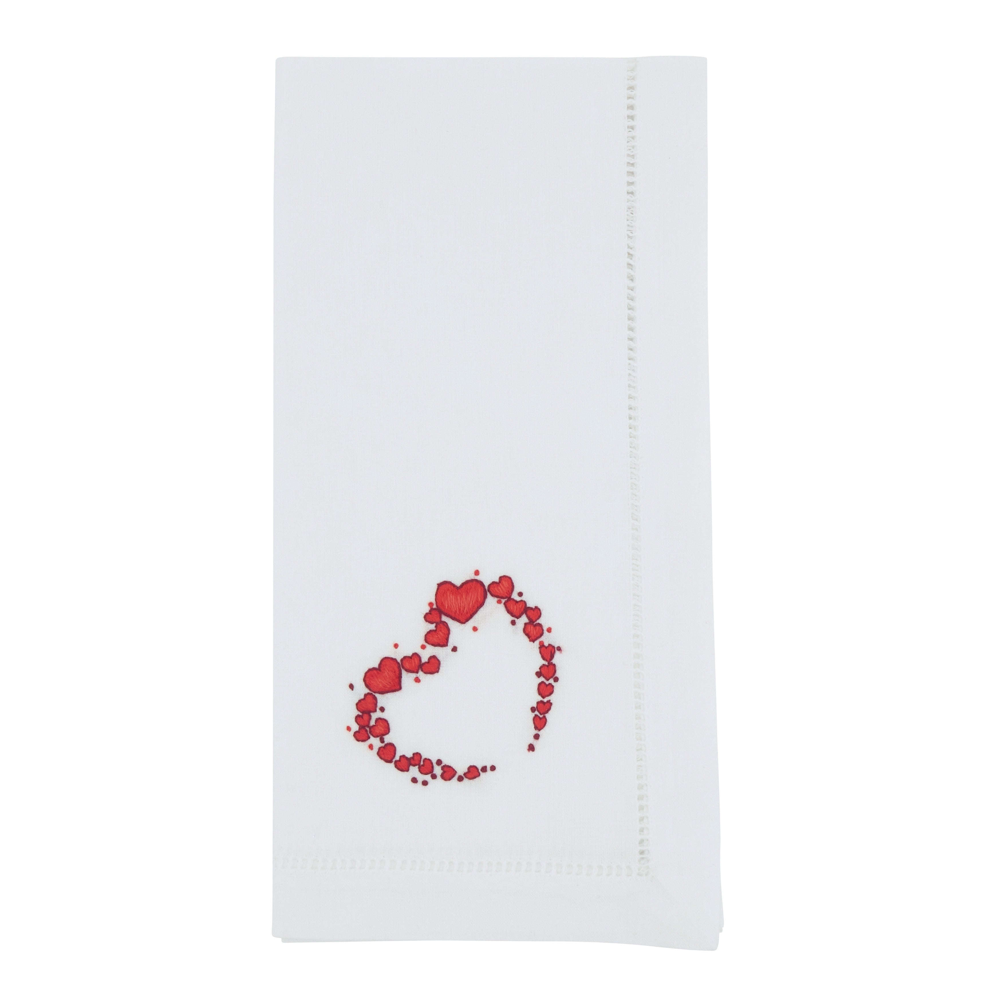 Embroidered Heart Wreath Cotton Napkins Set Of 6 Scattered Heart Circle Motif With Hemstitch Border 20 X20
