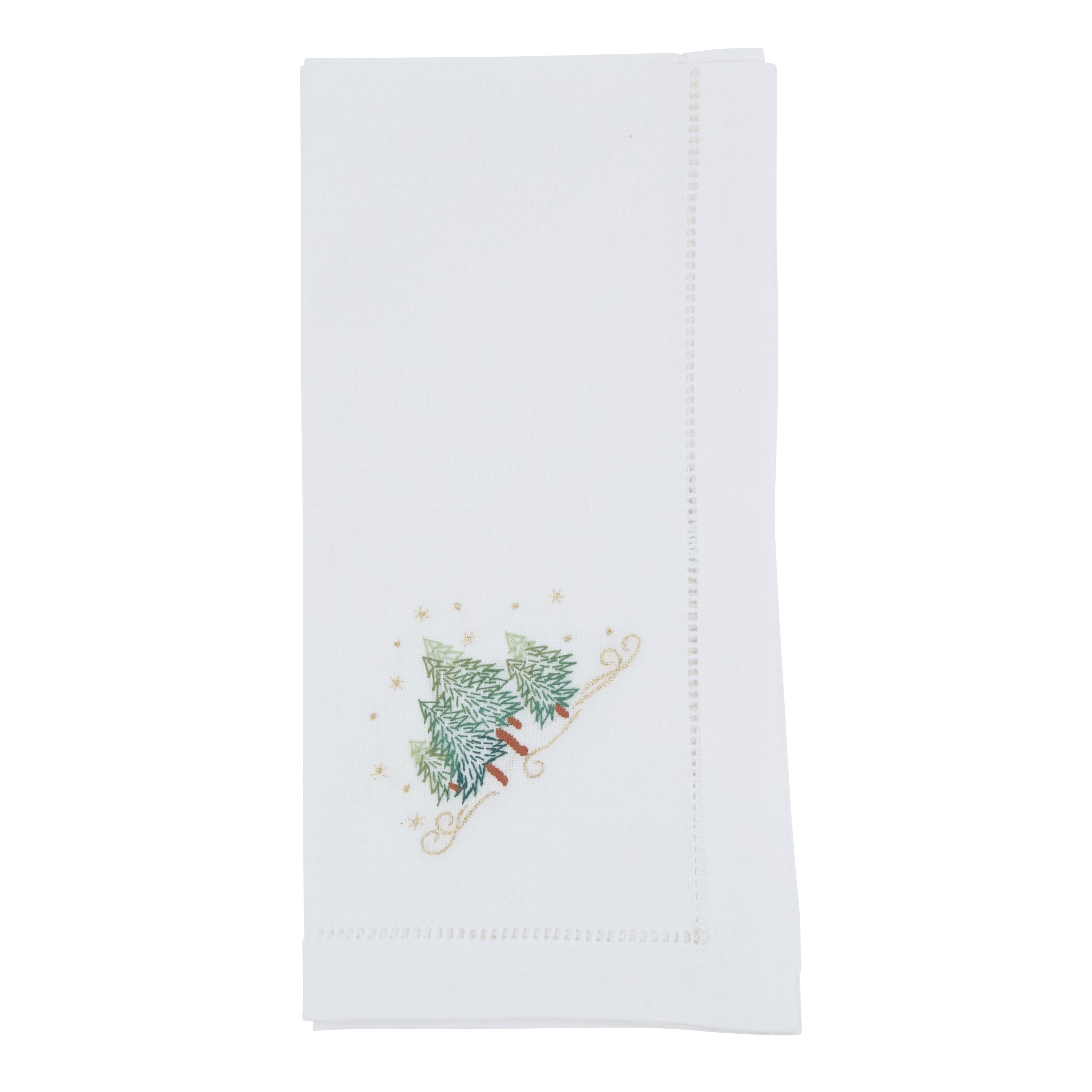 Embroidered Holiday Tree Cotton Napkins Set Of 6 Hemstitch Border With Seasonal Tree Motif 20 X20
