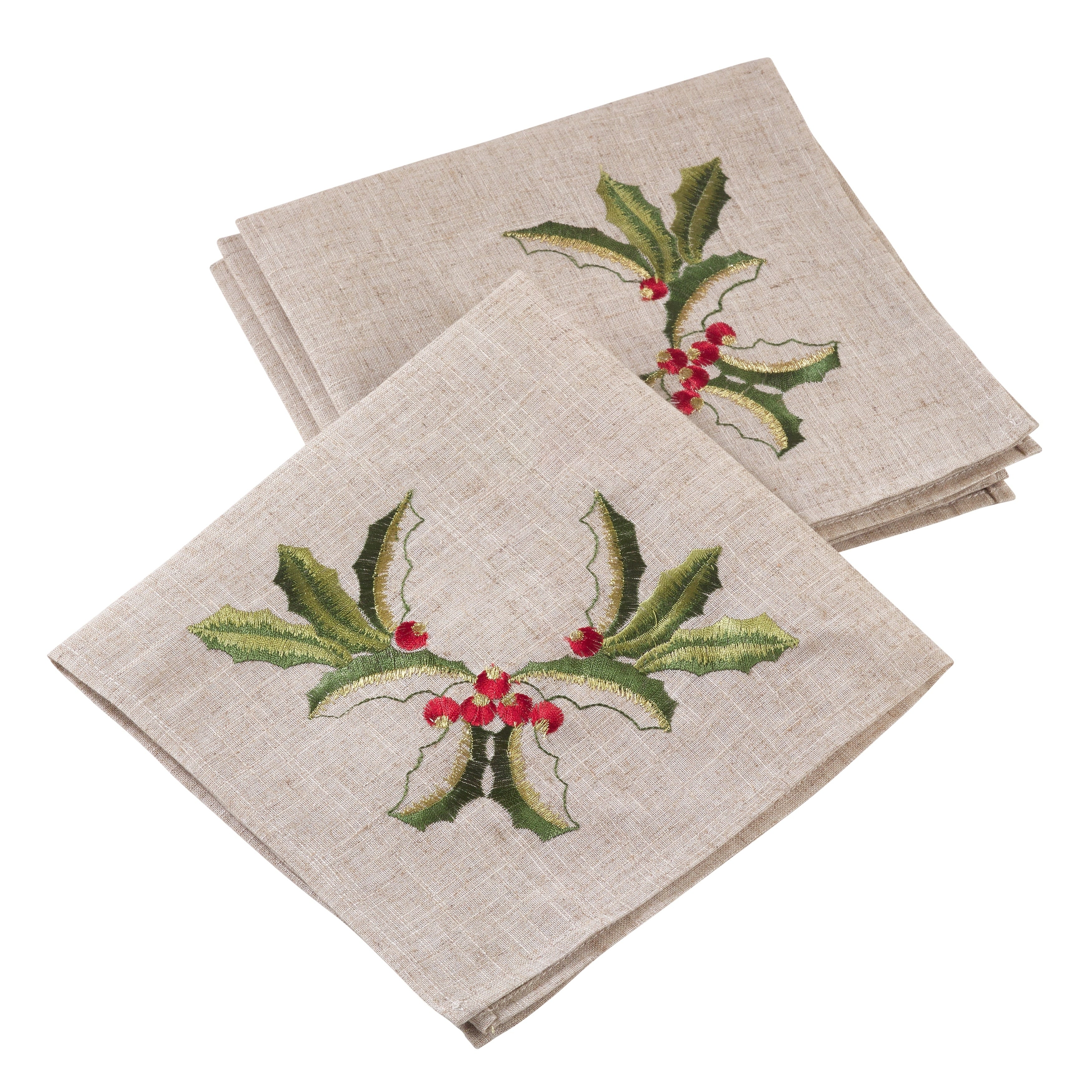 Embroidered Holiday Holly Linen Blend Napkin Set Of 4