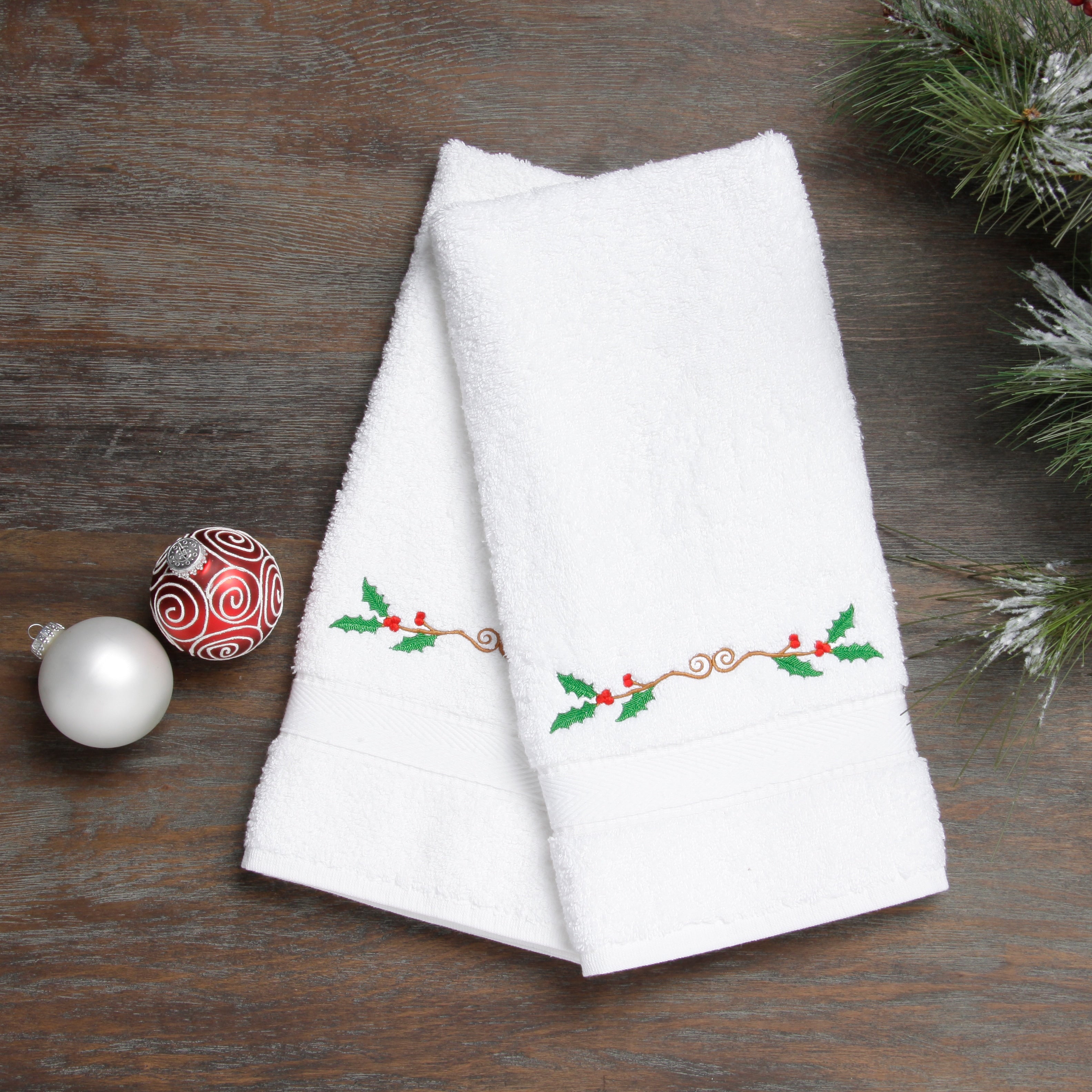 Embroidered Holly Holiday Turkish Cotton Hand Towels Set Of 2