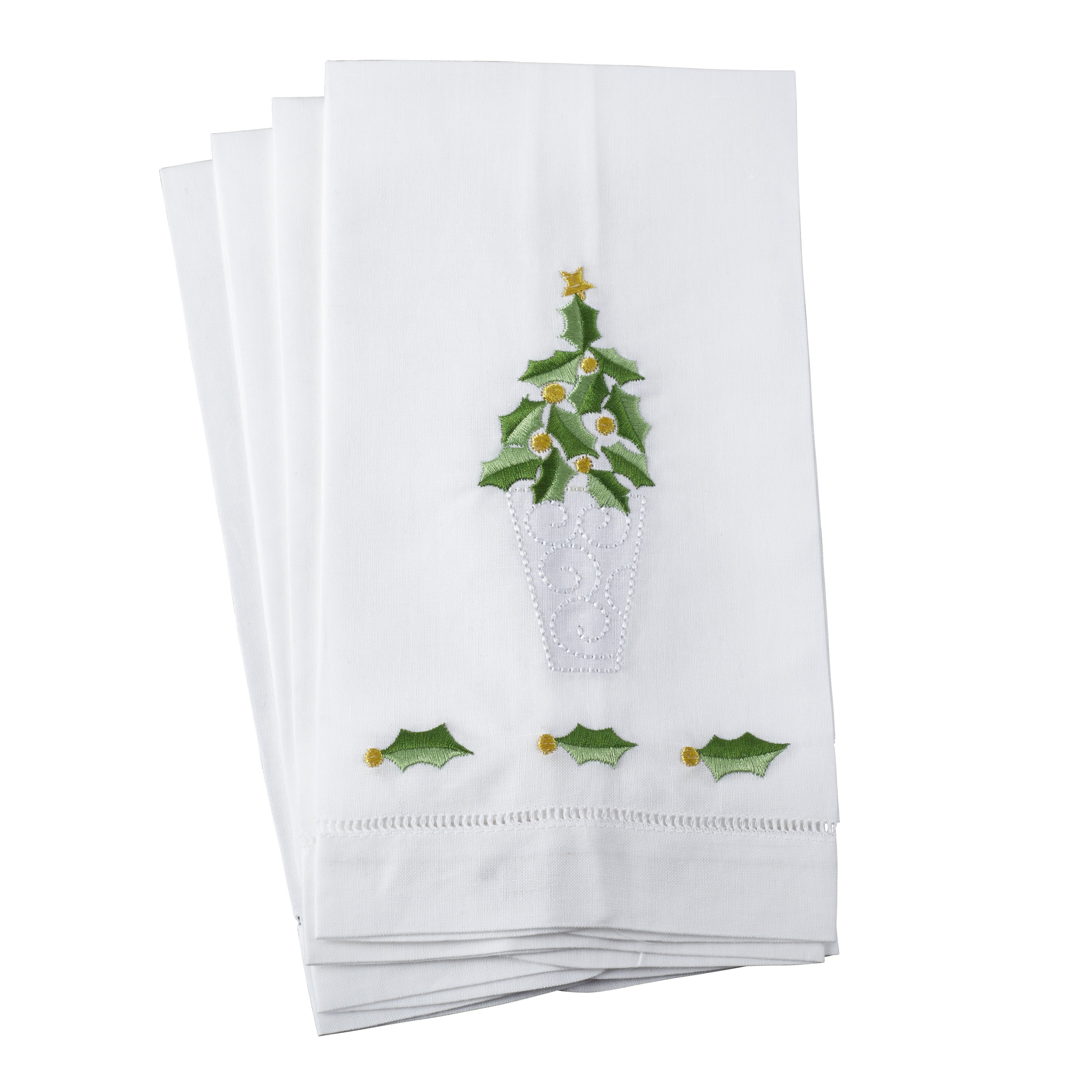 Embroidered Holly Leaf Christmas Tree Design Hemstitched Linen Cotton Guest Towel Set Of 4
