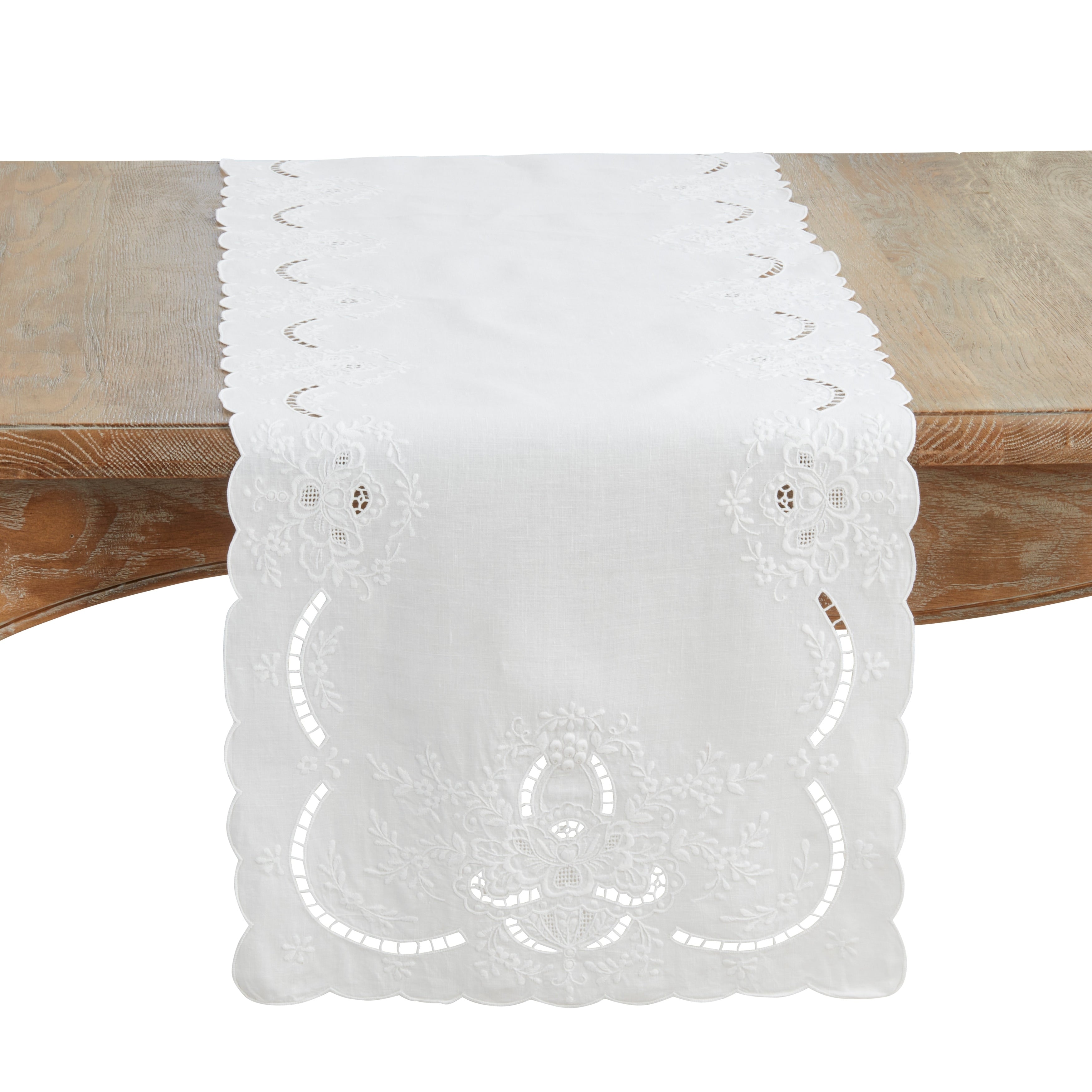 Embroidered Linen Table Runner Decorative Scalloped Table Runner For Dining Console Tables