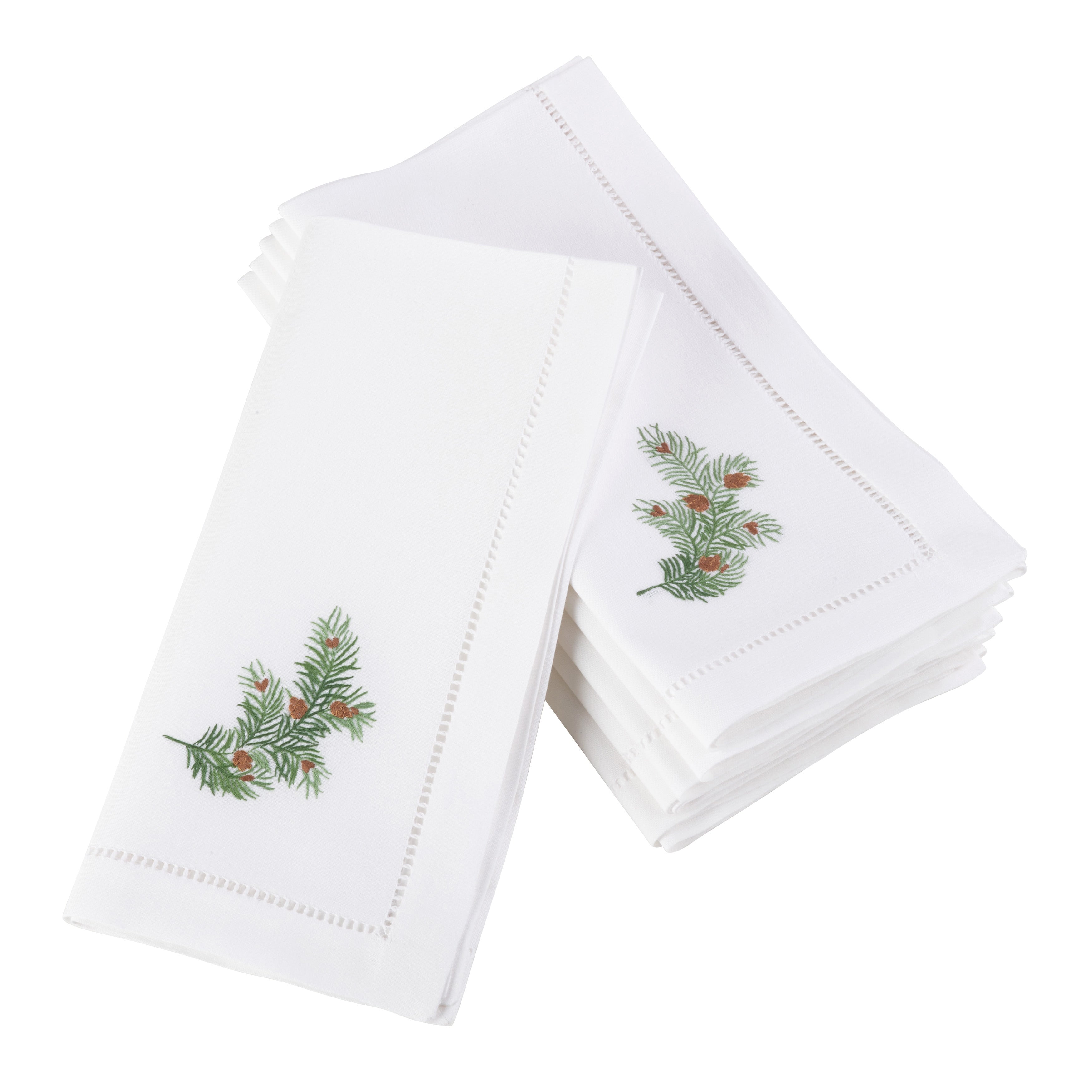 Winter Pine Embroidered And Hemstitched Cotton Napkin Set Of 6