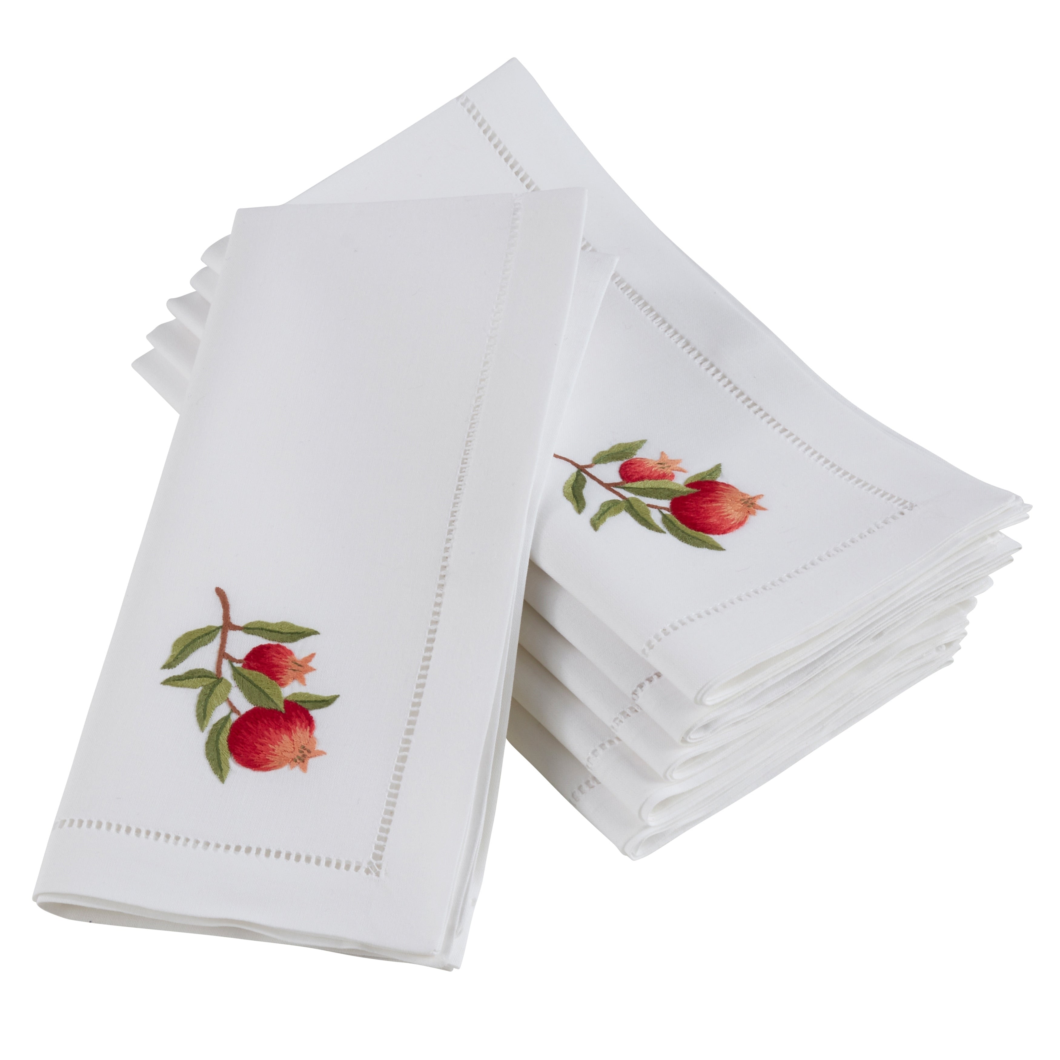 Embroidered Pomegranate Branch Hemstitched Cotton Napkin Set Of 6